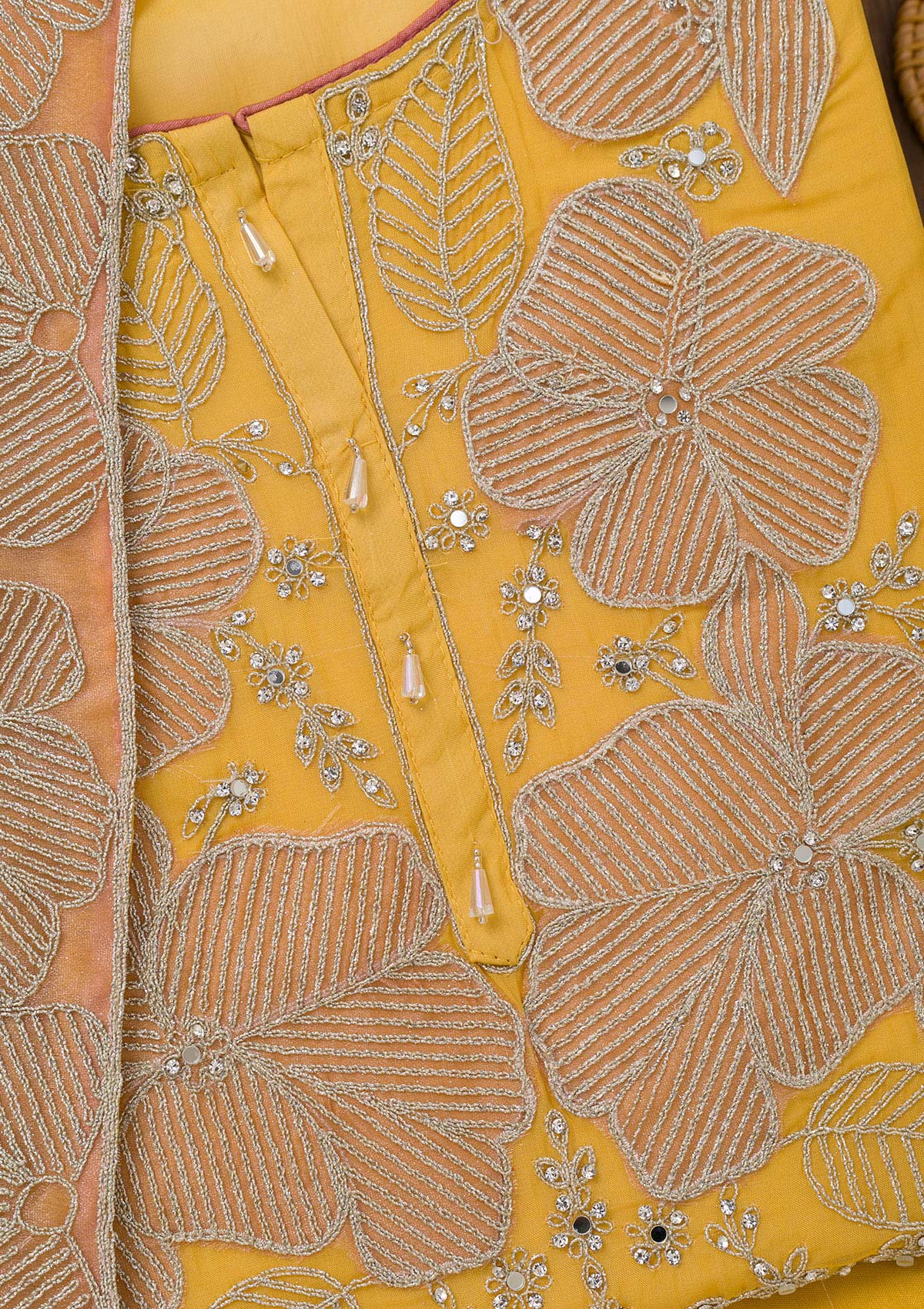 Koskii Mustard Zariwork Semi Crepe Unstitched Salwar Suit - view 2