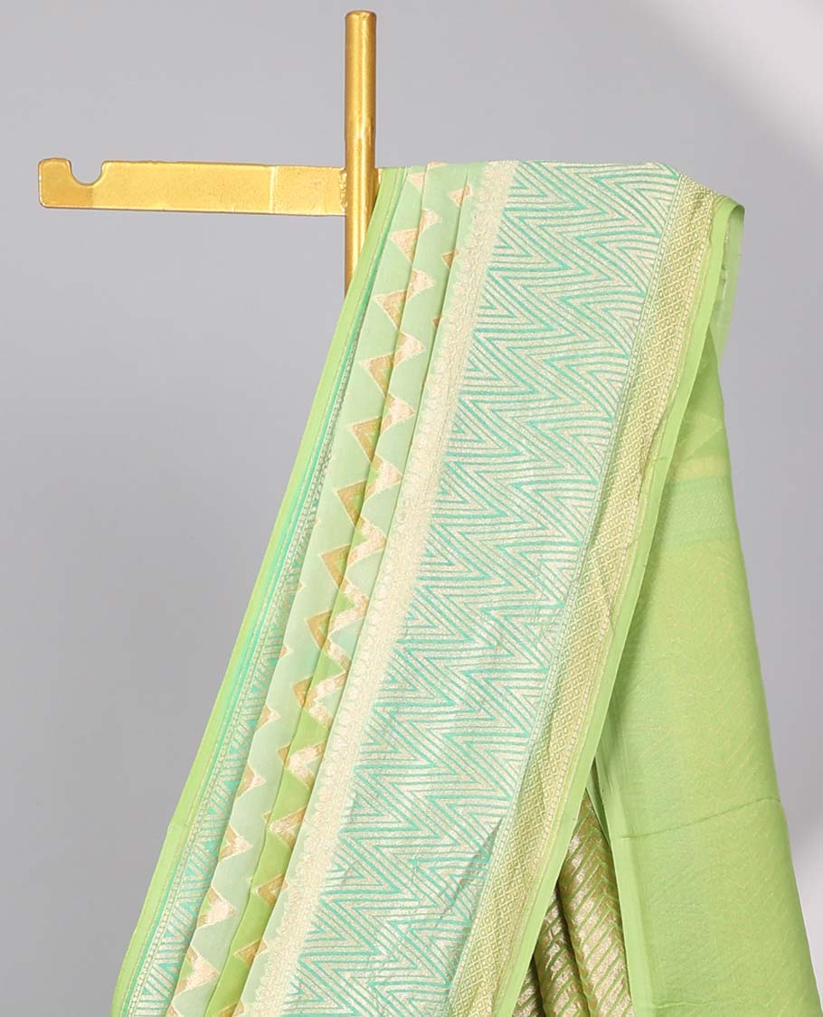 Pothys Green zig-zag striped banaras georgette saree with contrast border & geometric design pallu - view 3