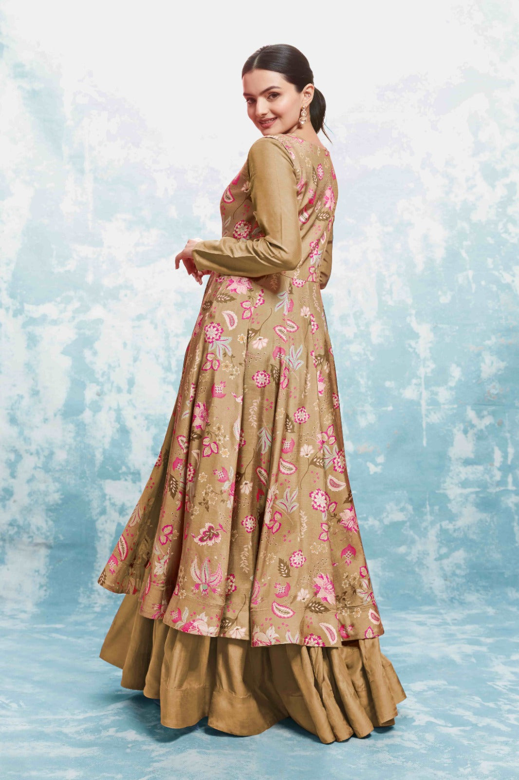 ClothsVilla Chic Olive Muslin Dress with Printed Work and Georgette Dupatta – Ready to Wear - view 6