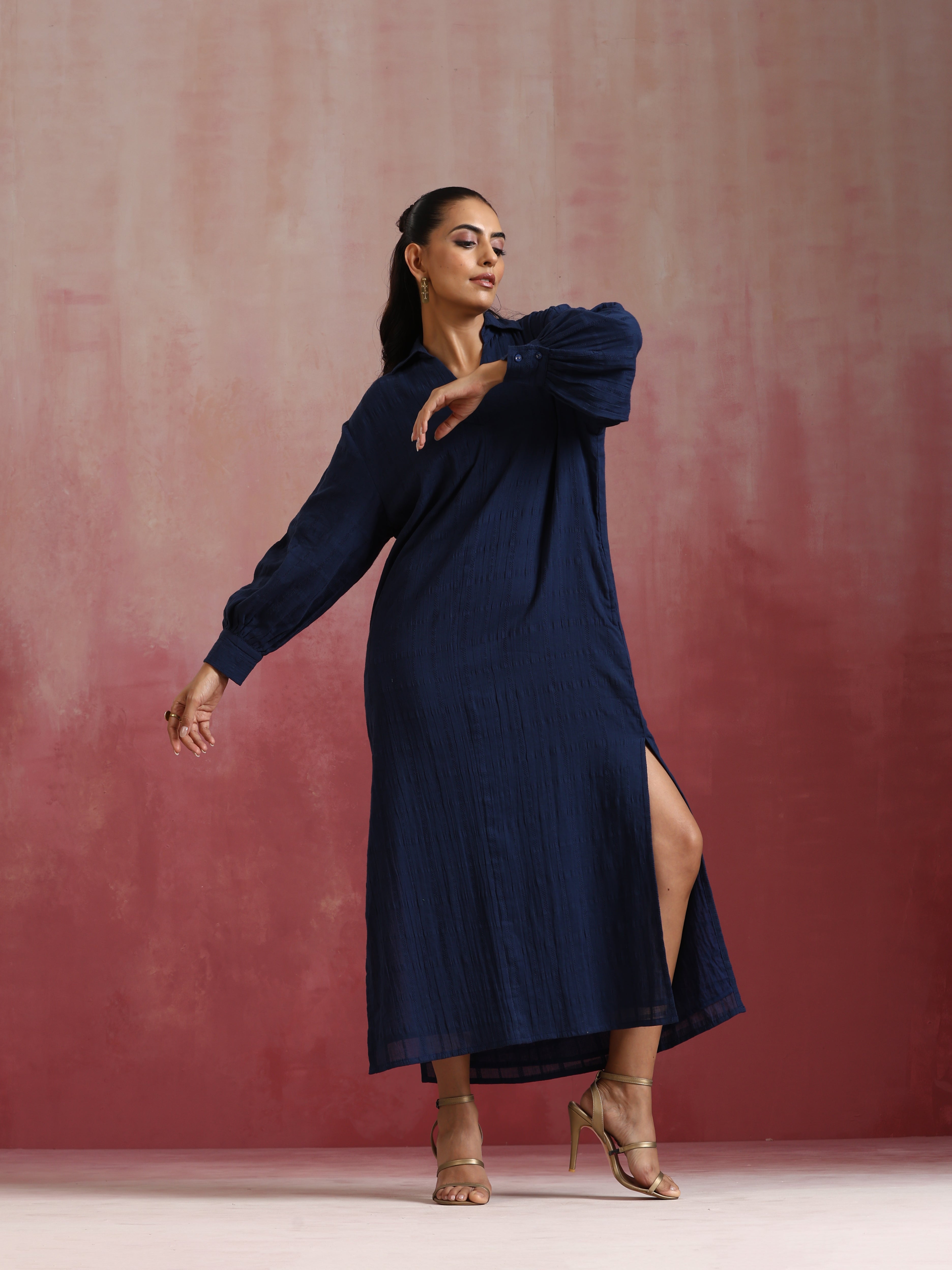 trueBrowns Dark Blue Cotton Dobby Dress - view 2