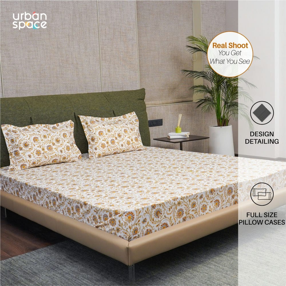 Urban Space -Home Furnishing Store Serene Collection - Breathable 200 TC 100% Pure Cotton Single Bedsheet with Pillow Cover, Guldaudi Floral - Brown - view 4