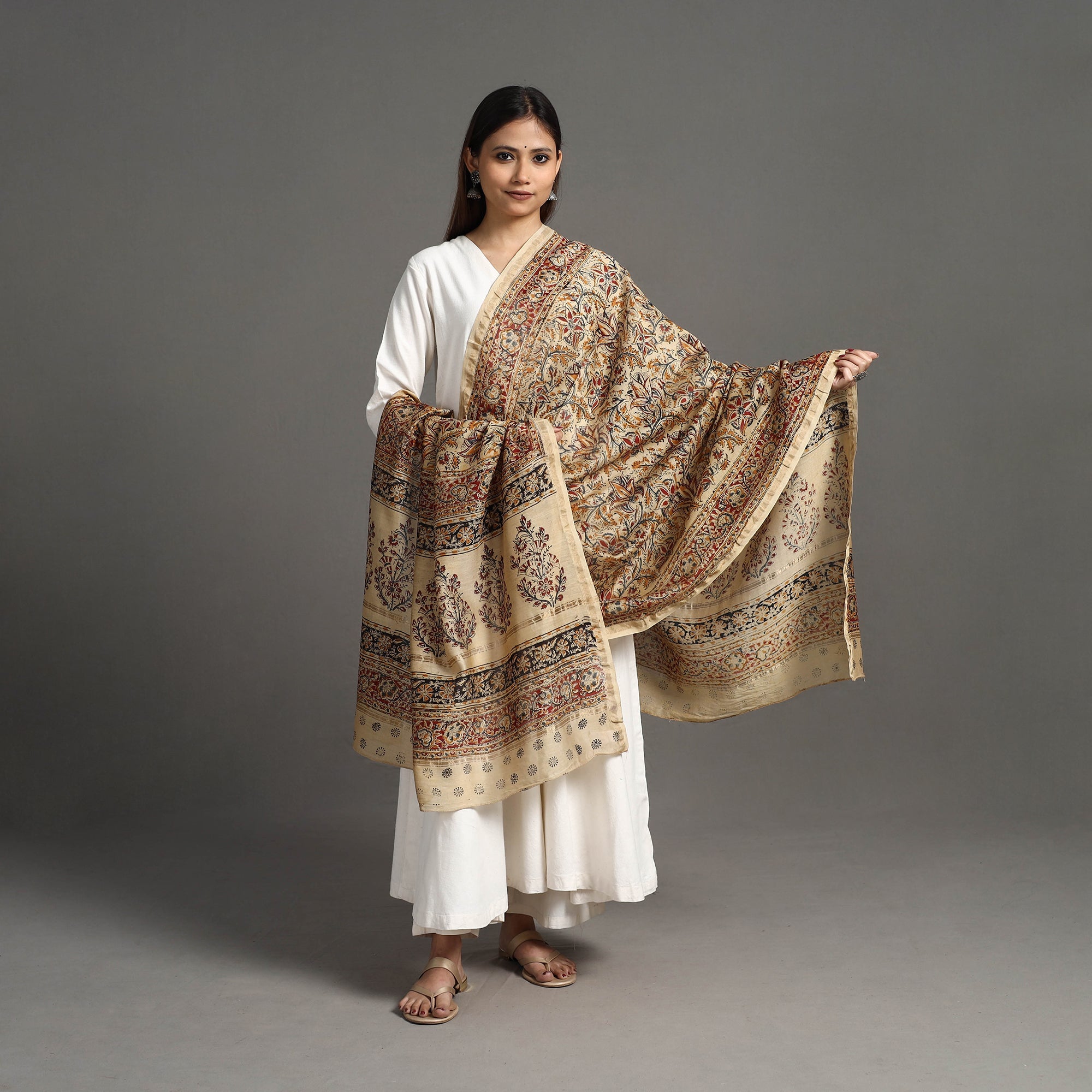 SOUTH KARGHA Beige - Pedana Block Print Chanderi Silk Kalamkari Dupatta 05