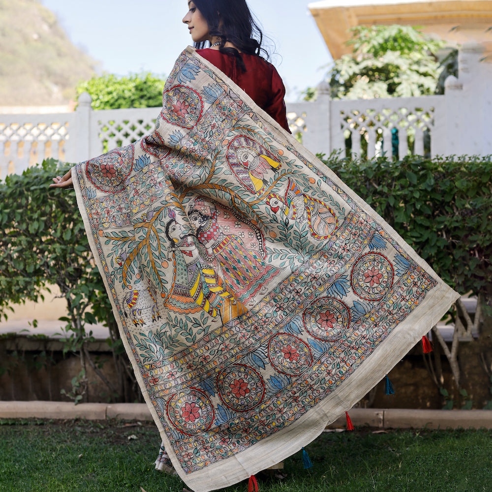 DIORAMA DESIGNS Beige - Madhubani Hand-Painted Krishna Raas Tussar Silk Saree - view 5