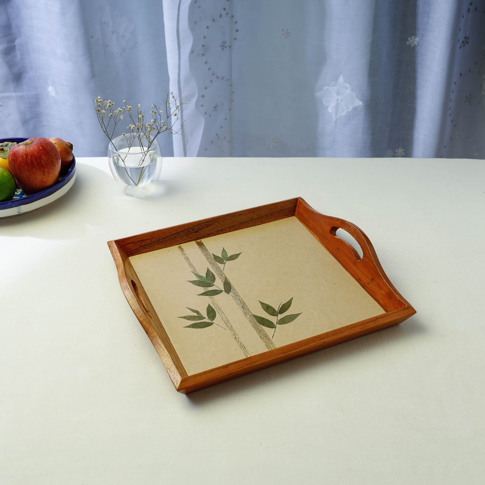 SHRADHANJALI - AN AUROVILLE UNIT Beige - Bamboo Art Work Square Wooden Tray with Handles (12 x 12 x 1 in)