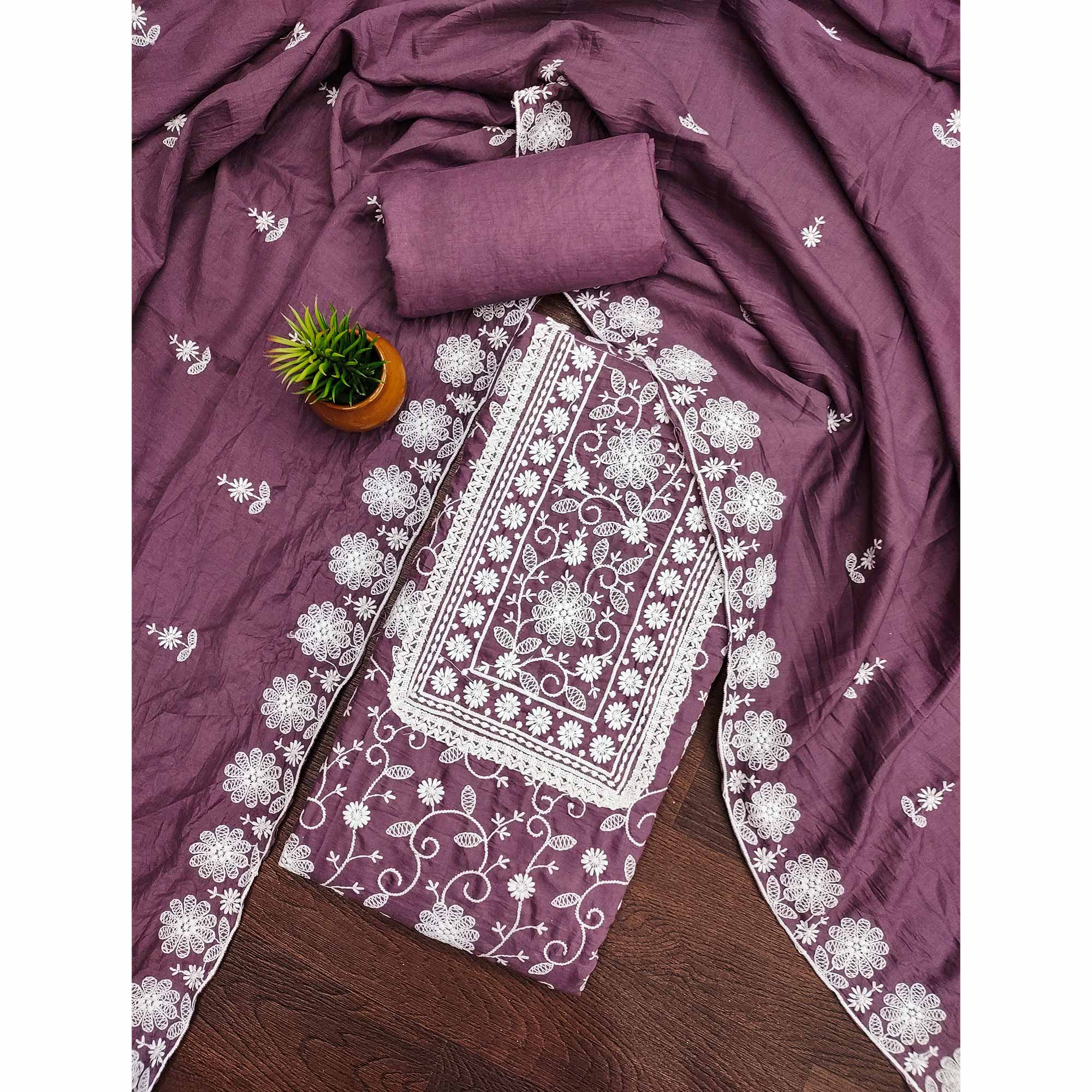 Peachmode Dark Mauve Floral Embroidered Art Silk Dress Material - view 3