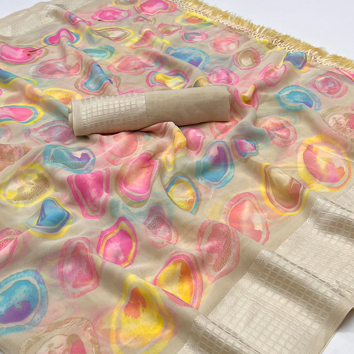 Peachmode Chikoo Printed Georgette Saree With Tassels - view 2