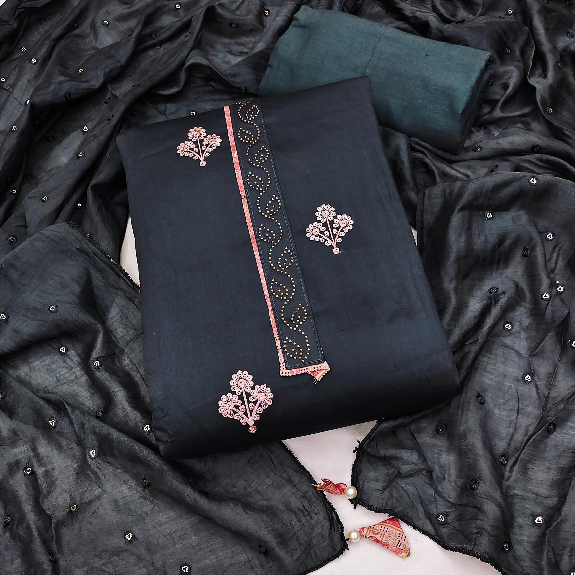 Peachmode Dark Grey Embroidered Cotton Blend Dress Material