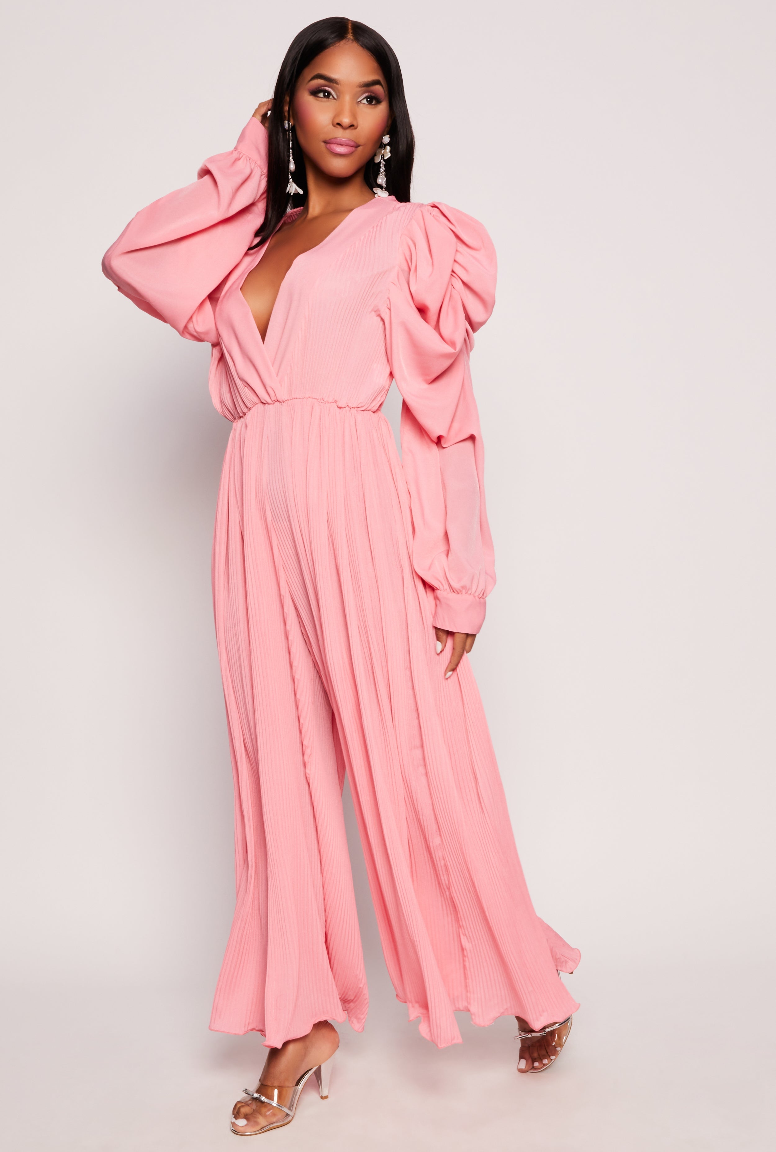Rainbow Shops Plisse Puff Sleeve Wide Leg Jumpsuit - view 2