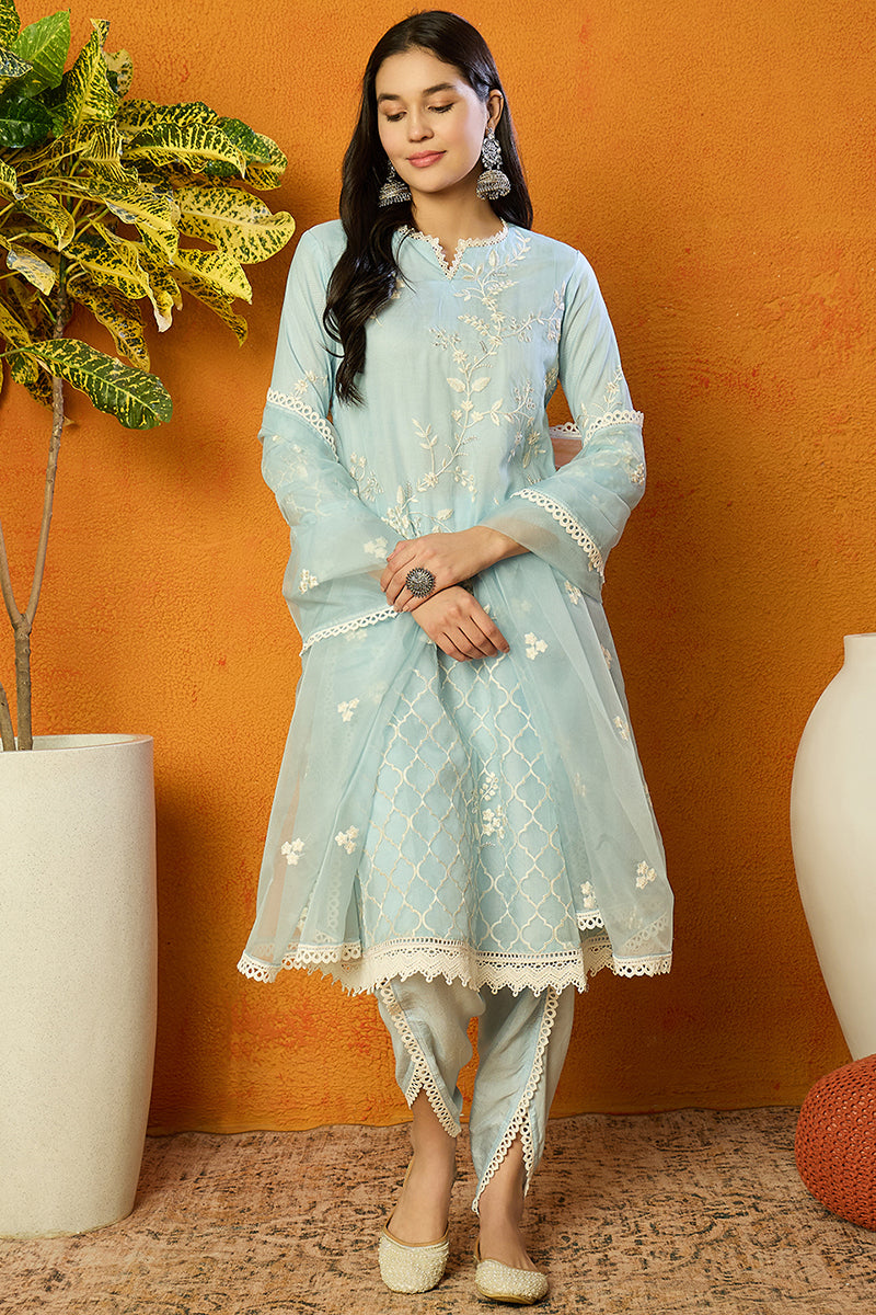Ahika Blue Organza Solid Embroidered A-Line Dhoti Style Suit Set PKSKD2440 - view 4