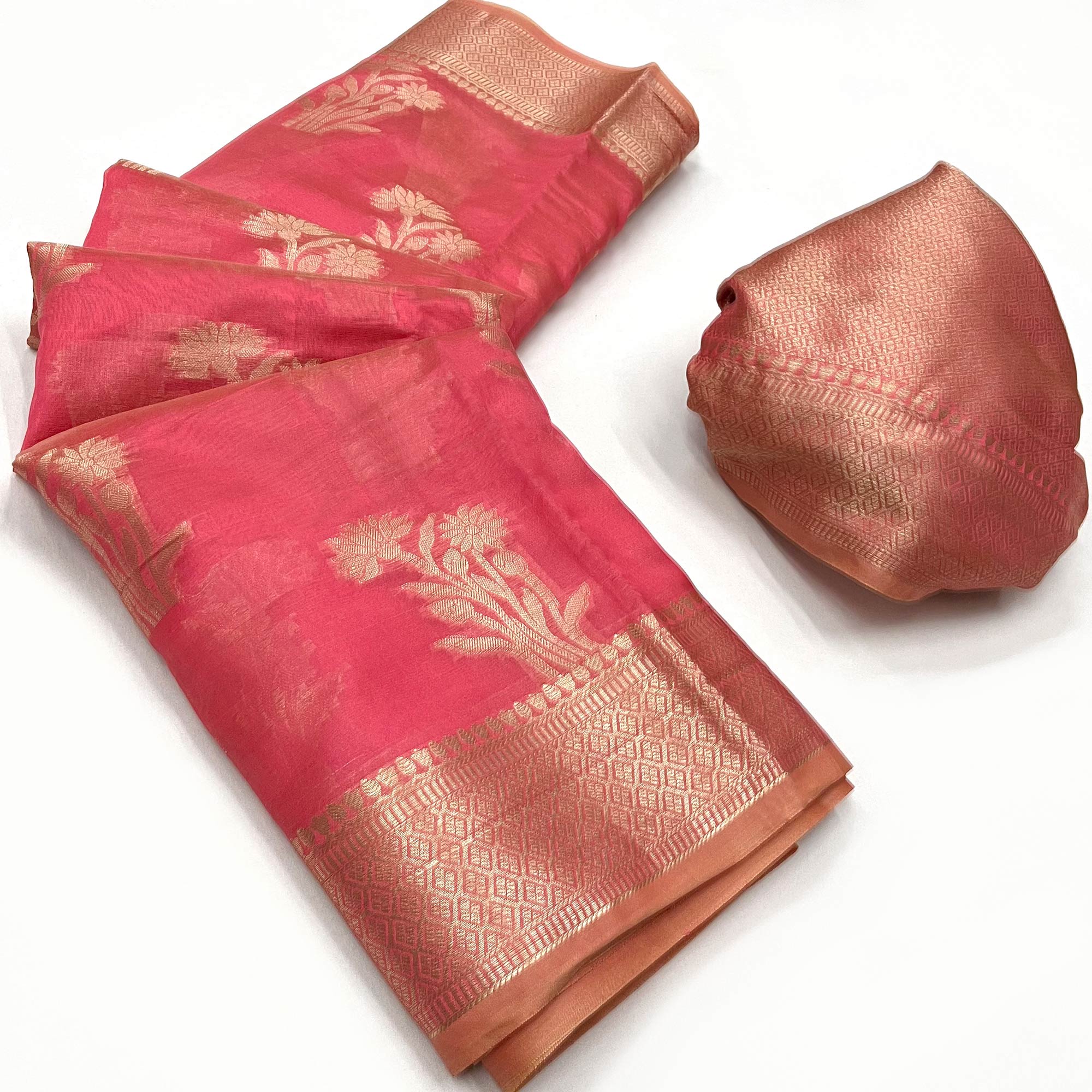 Peachmode Gajari Pink Zari Woven Raw Silk Saree