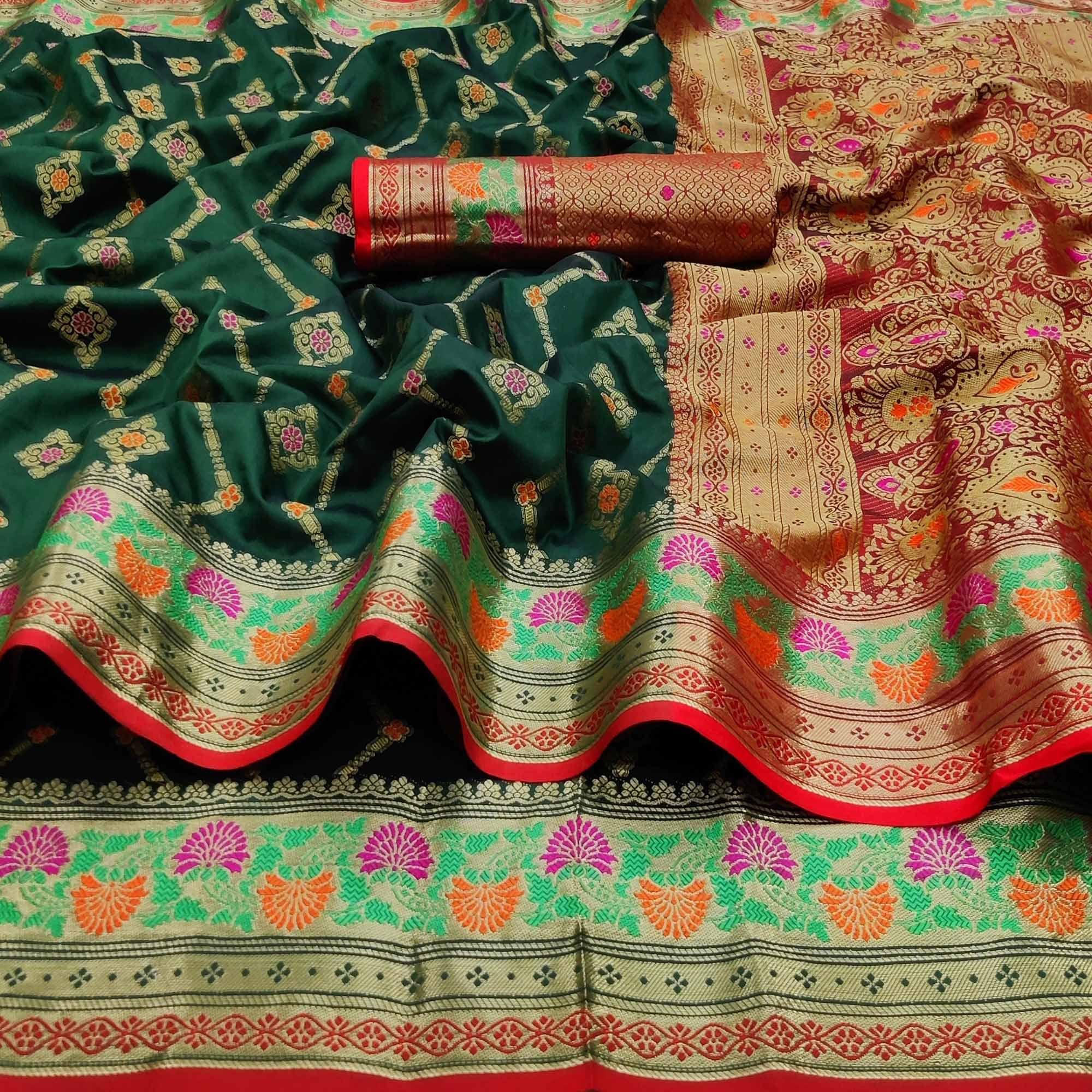 Peachmode Bottle Green Festive Wear Floral Woven Soft Silk Saree With Jacquard Border - view 3
