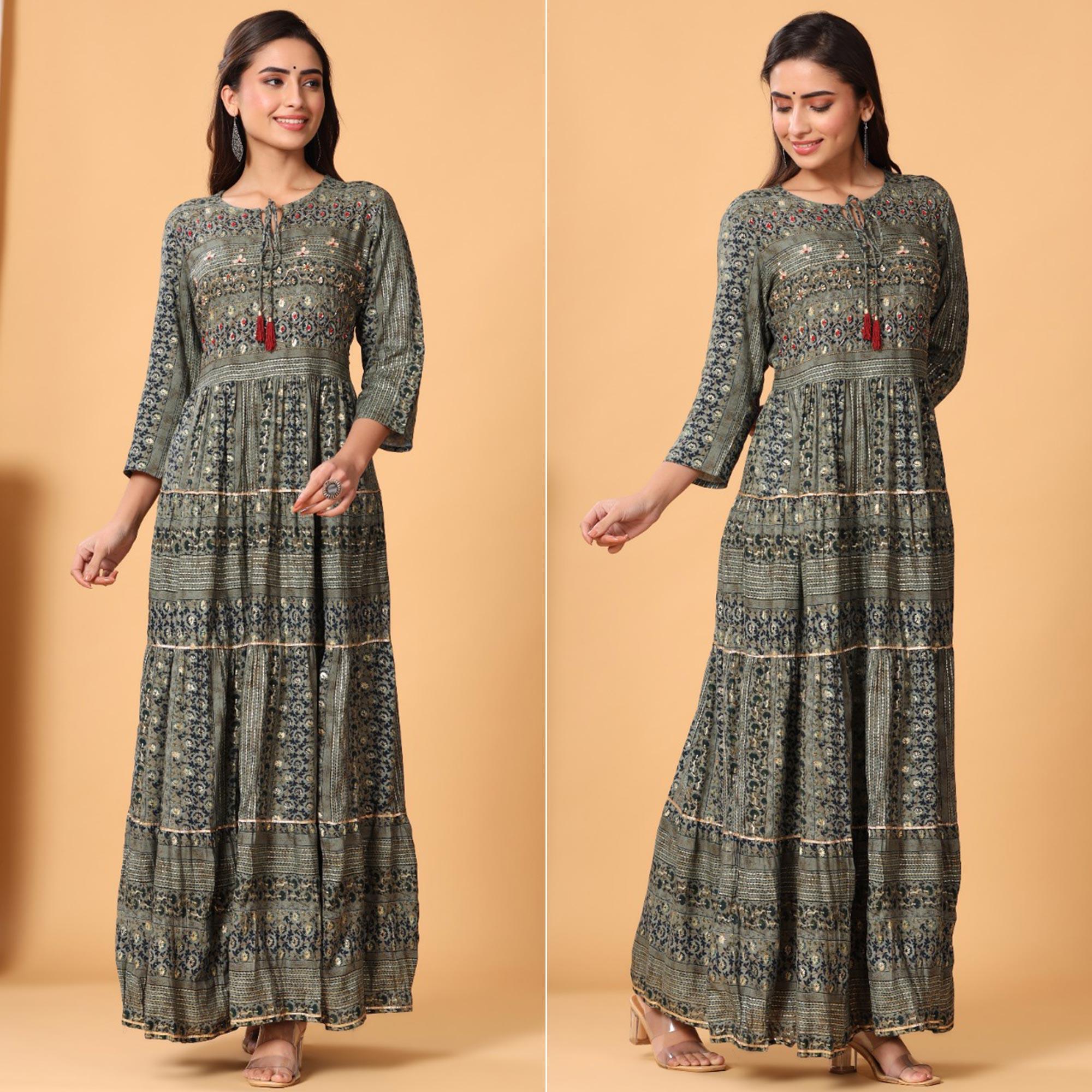Peachmode Grey Printed Rayon Kurti – Women's