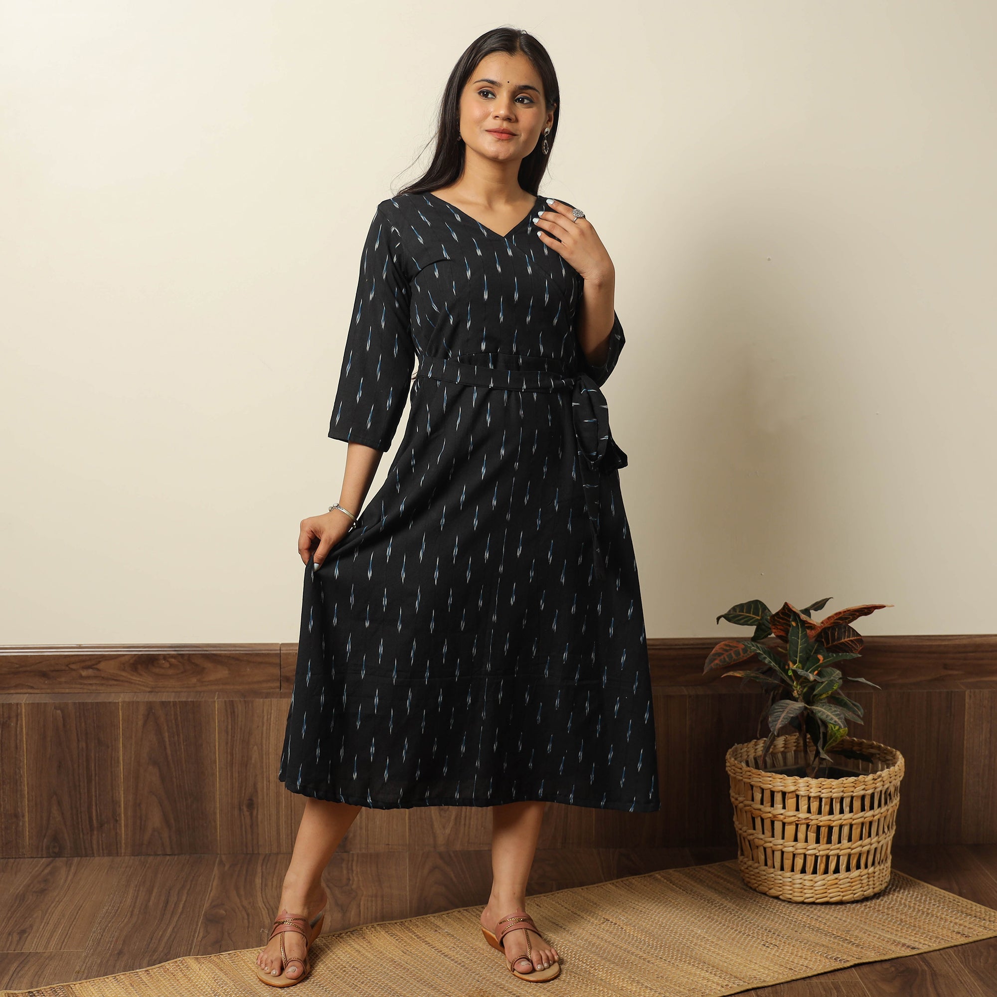 ITOKRI CASUALS Black - Pochampally Ikat Weave Cotton Dress with Belt 19