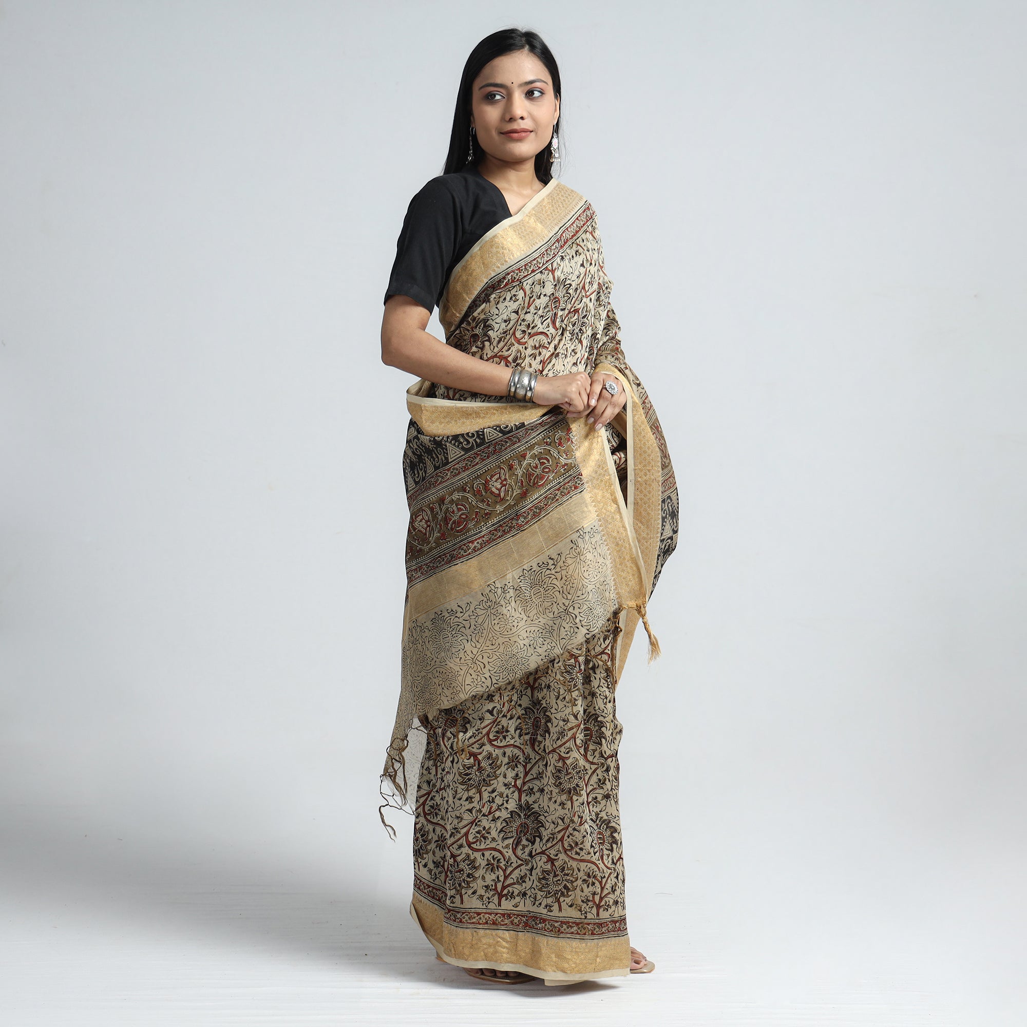 VENKATA BHANU KALAMKARI PEDANA Beige - Original Pedana Kalamkari Block Print Silk Saree