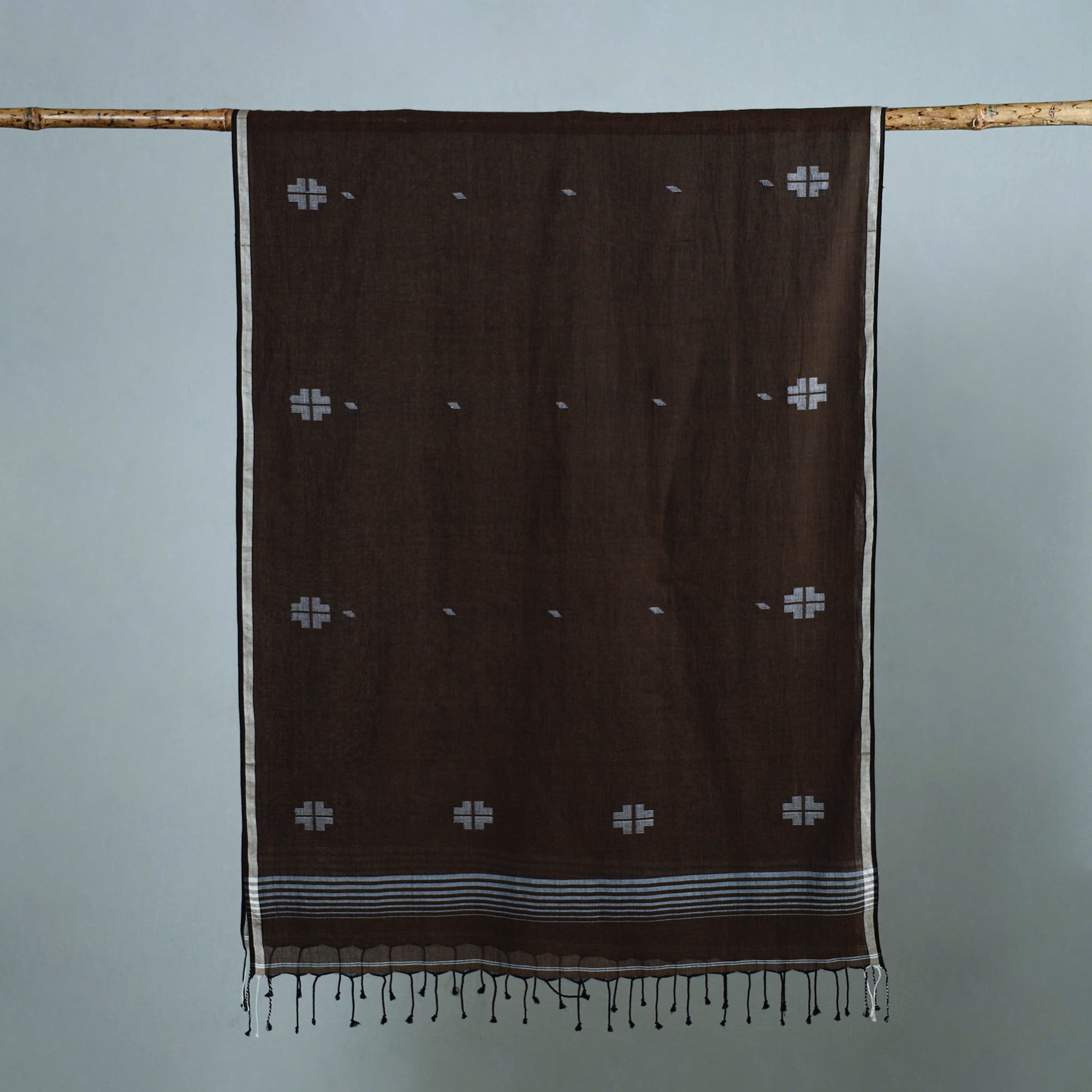 KHUSHBASH - HAPPY LOOM OF EAST Brown - Burdwan Jamdani Cotton Handloom Stole with Tassels 02 - view 2
