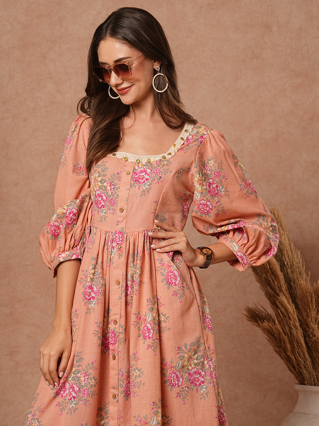 Fashor Floral Foil Printed A-Line Pleated Midi Dress - Peach - view 2