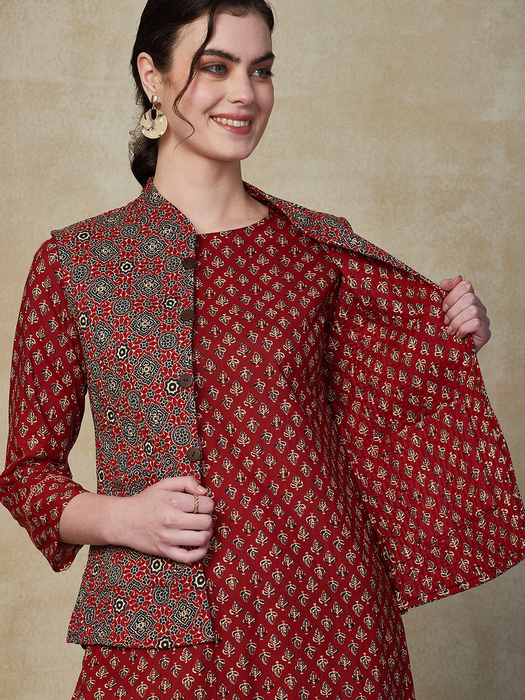 Fashor Ethnic Floral Printed Straight Kurta & Pant with Quilted Printed Jacket - Maroon - view 2