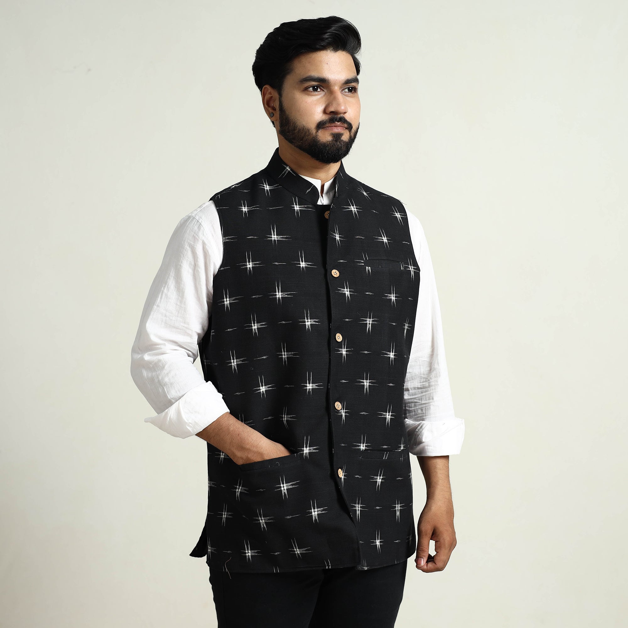 ITOKRI CASUALS Black - Pochampally Double Ikat Handloom Cotton Men Nehru Jacket 04 - view 2
