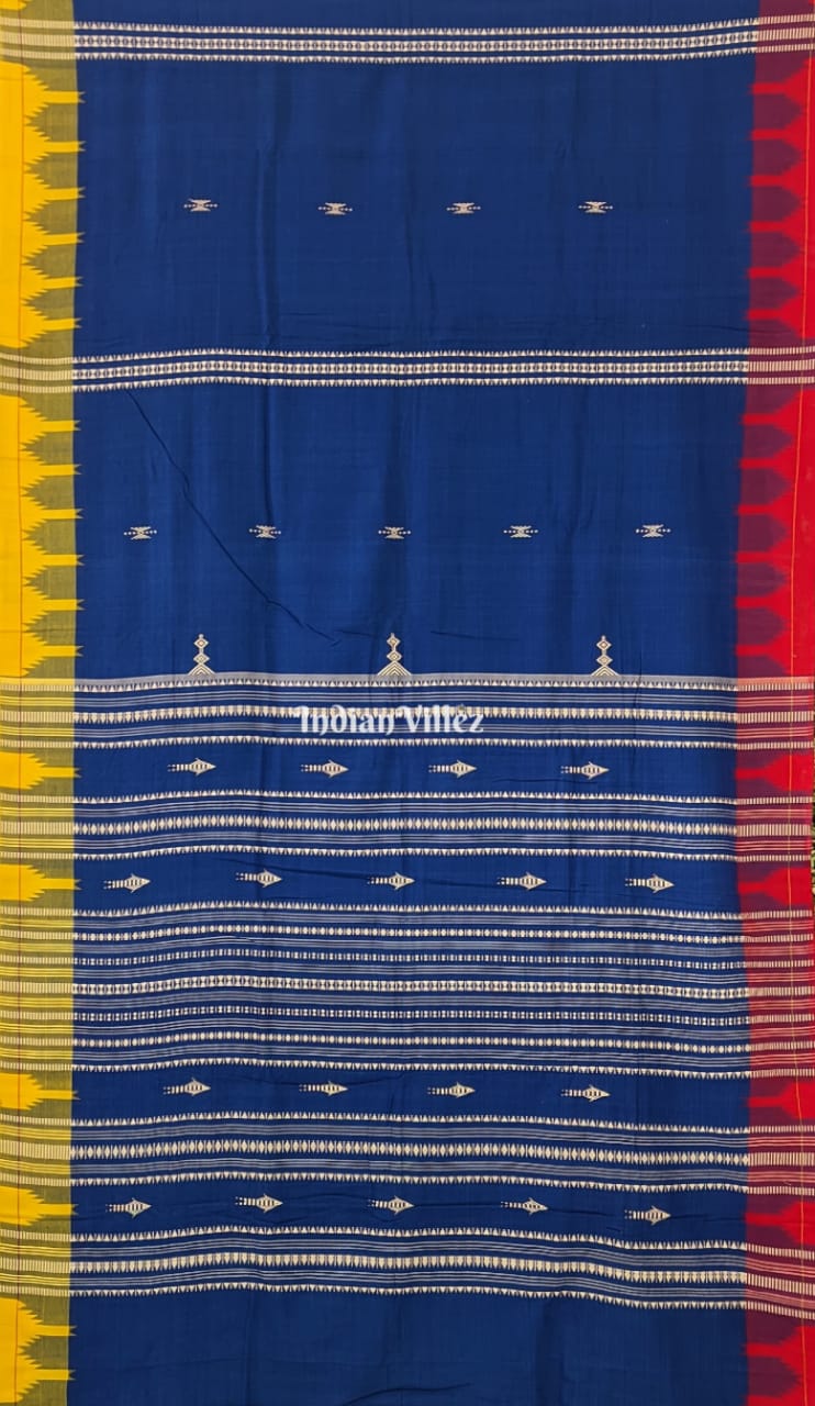 IndianVillèz Blue with Yellow Red Borders Kotpad Natural Dye Odisha Handloom Saree
