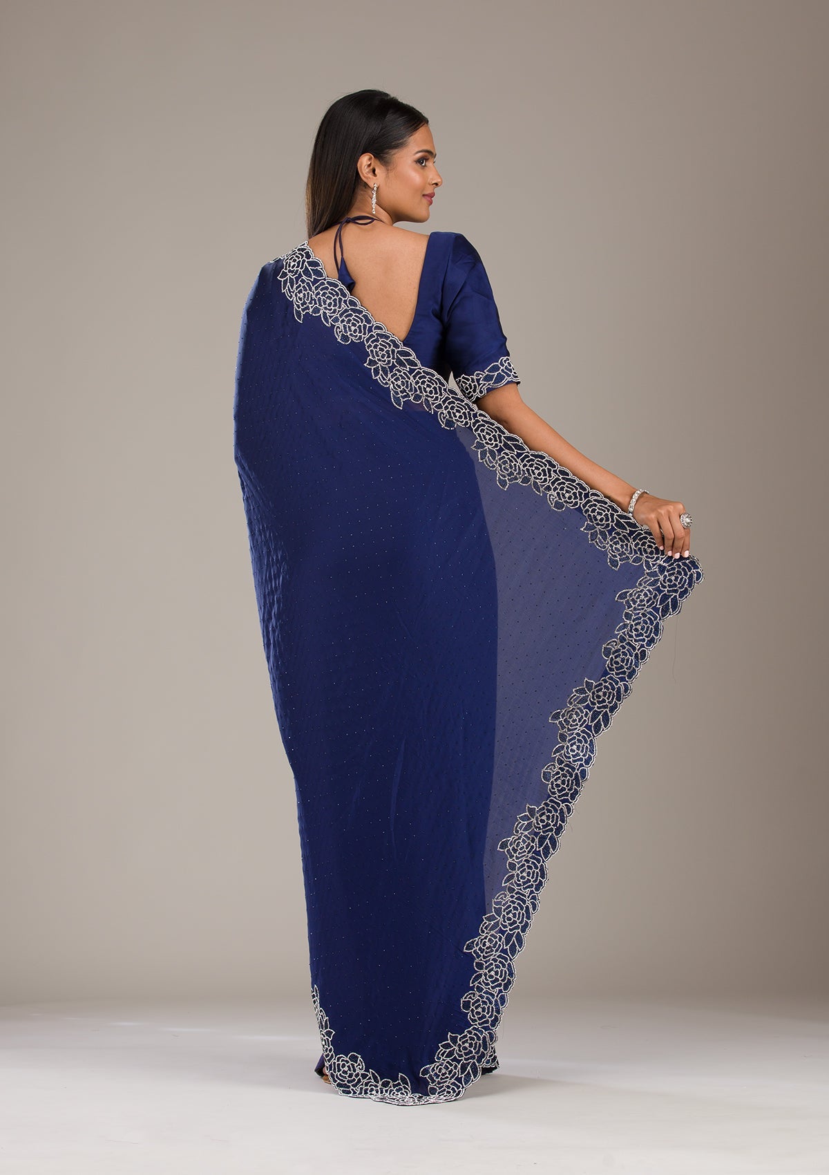 Koskii Navy Blue Swarovski Satin Saree – Women's - view 2