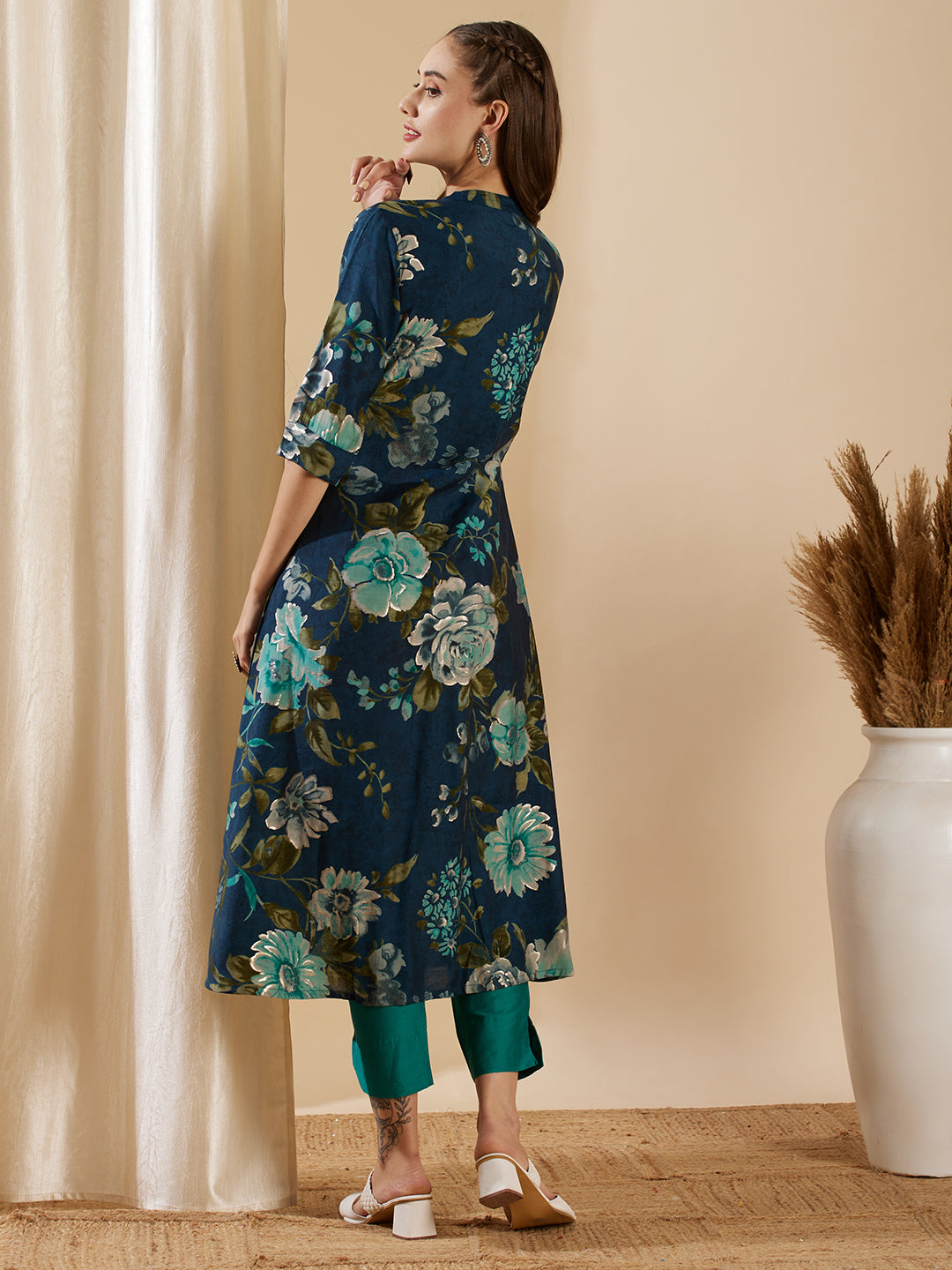 Fashor Floral Foil Printed A-Line Flared Kurta - Teal Blue - view 6