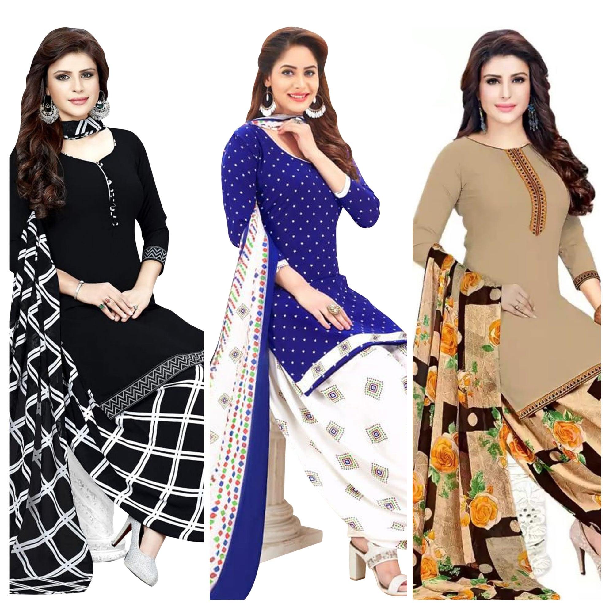 Peachmode Casual Wear Printed Crepe Dress Material - Pack Of 3
