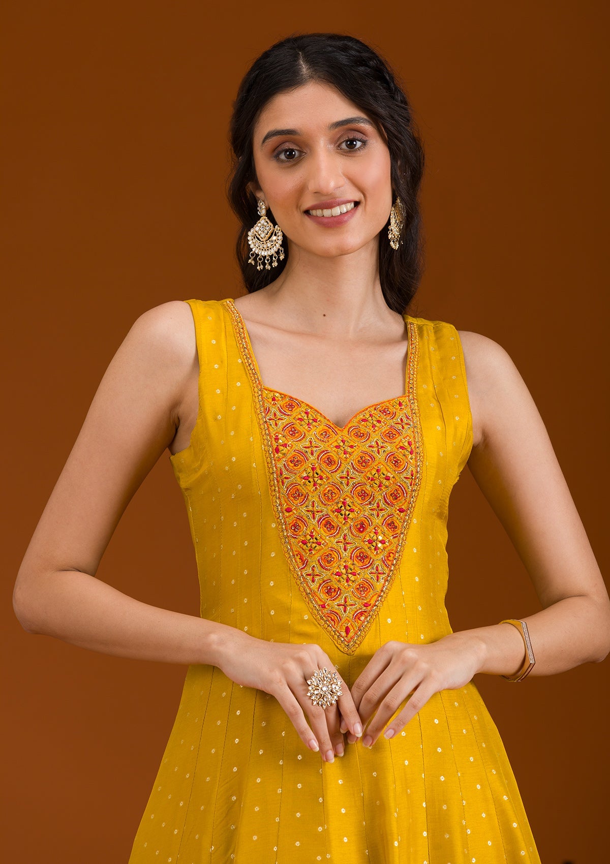 Koskii Mustard Threadwork Georgette Readymade Salwar Suit - view 2