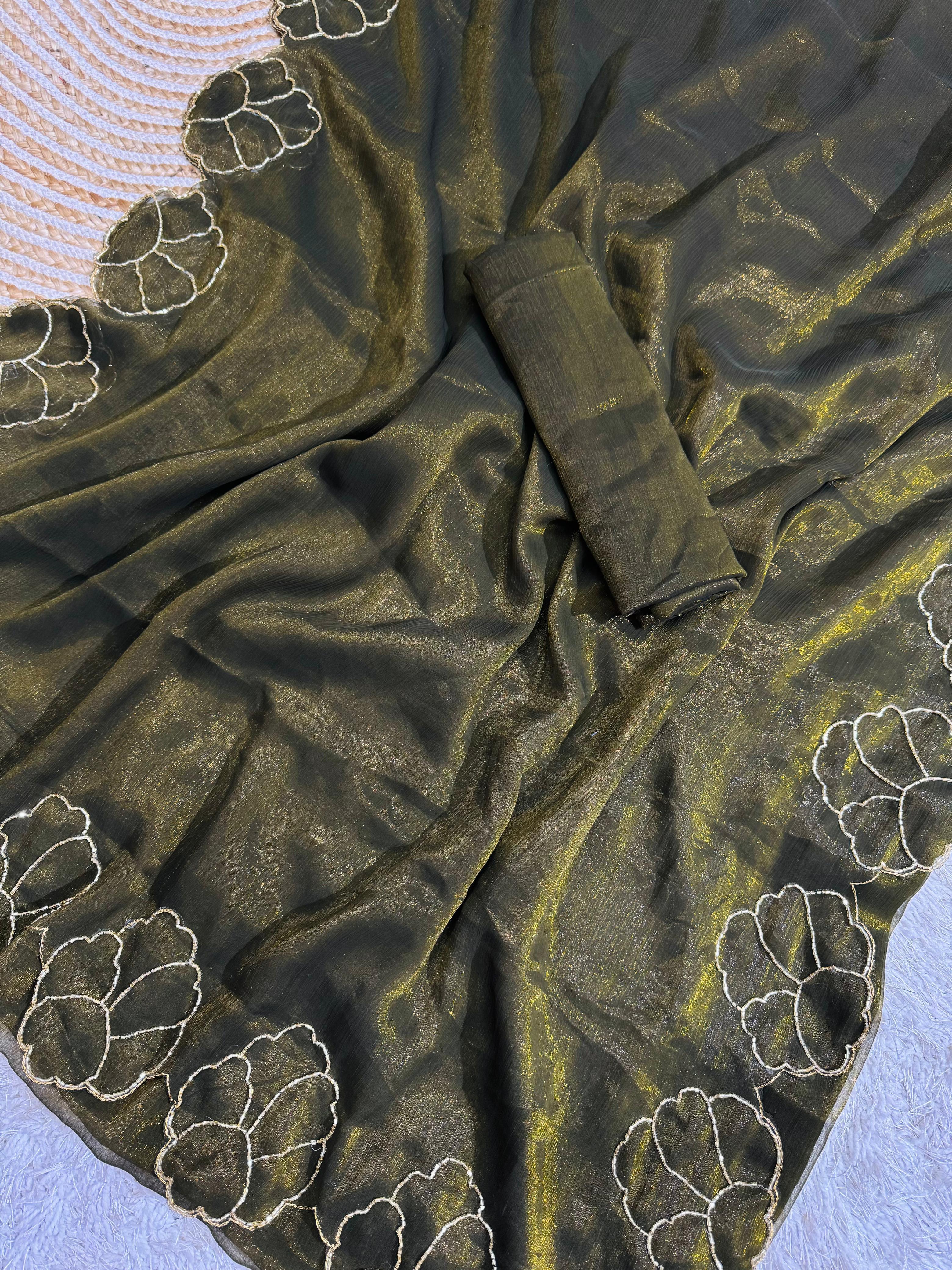 ClothsVilla Mehndi Green Lotus Jari Silk Saree with Exquisite Golden Handwork & Running Blouse - view 4