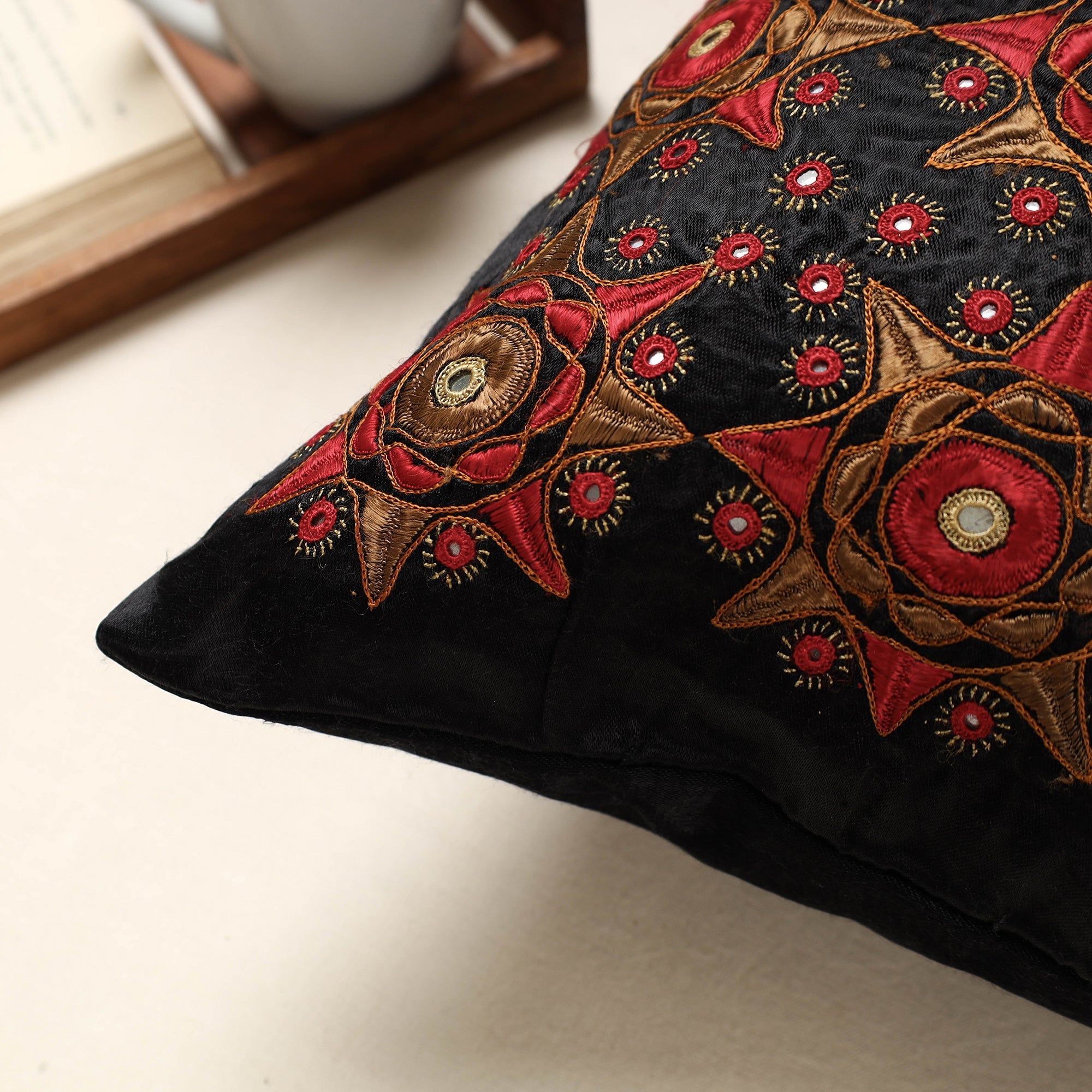 QASAB Black - Kutch Pakko Hand Embroidery Mashru Silk Cushion Cover (16 x 16 in) - view 2