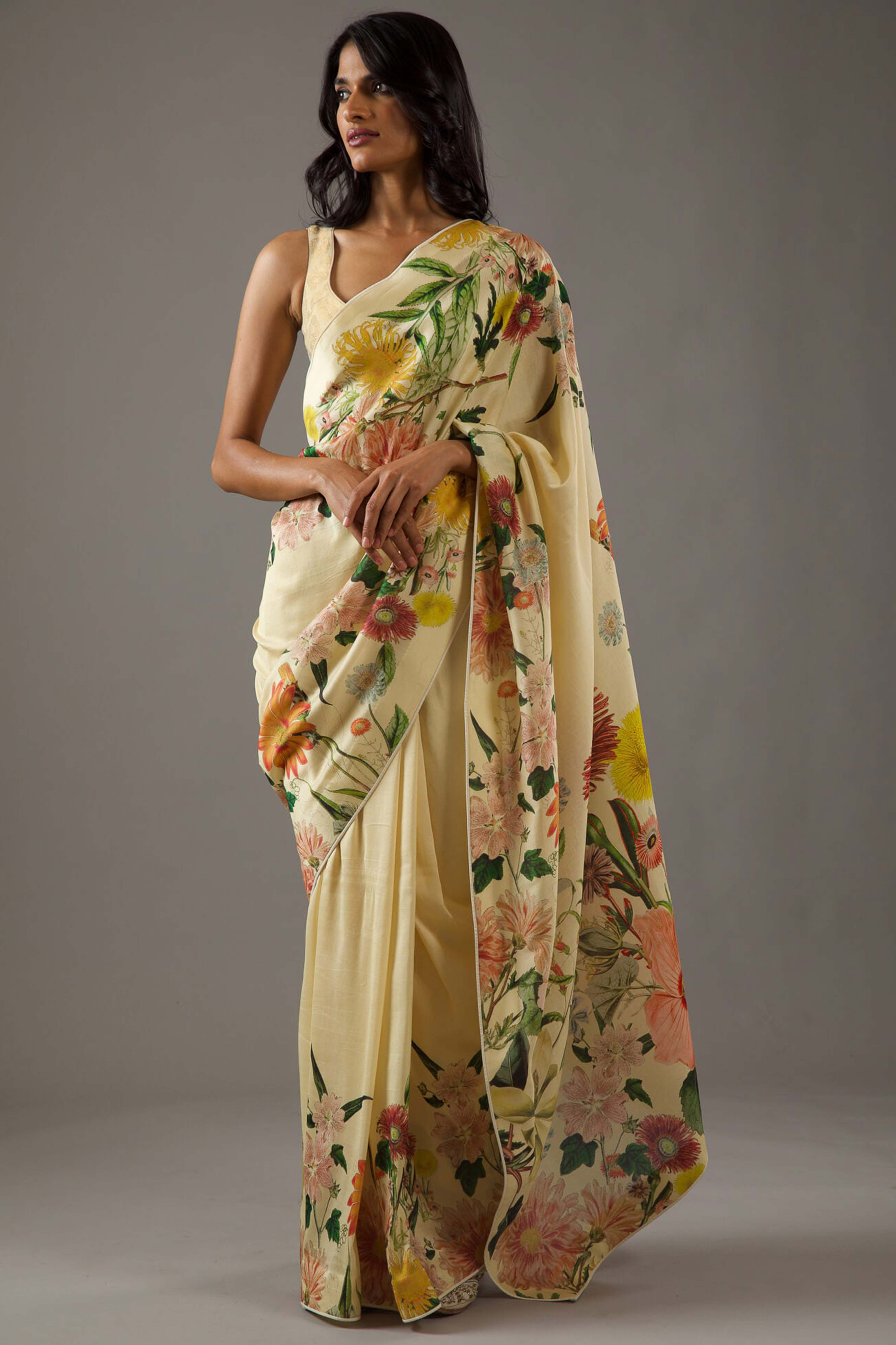 Peachmode Cream Floral Printed Chiffon Saree – Women's - view 4