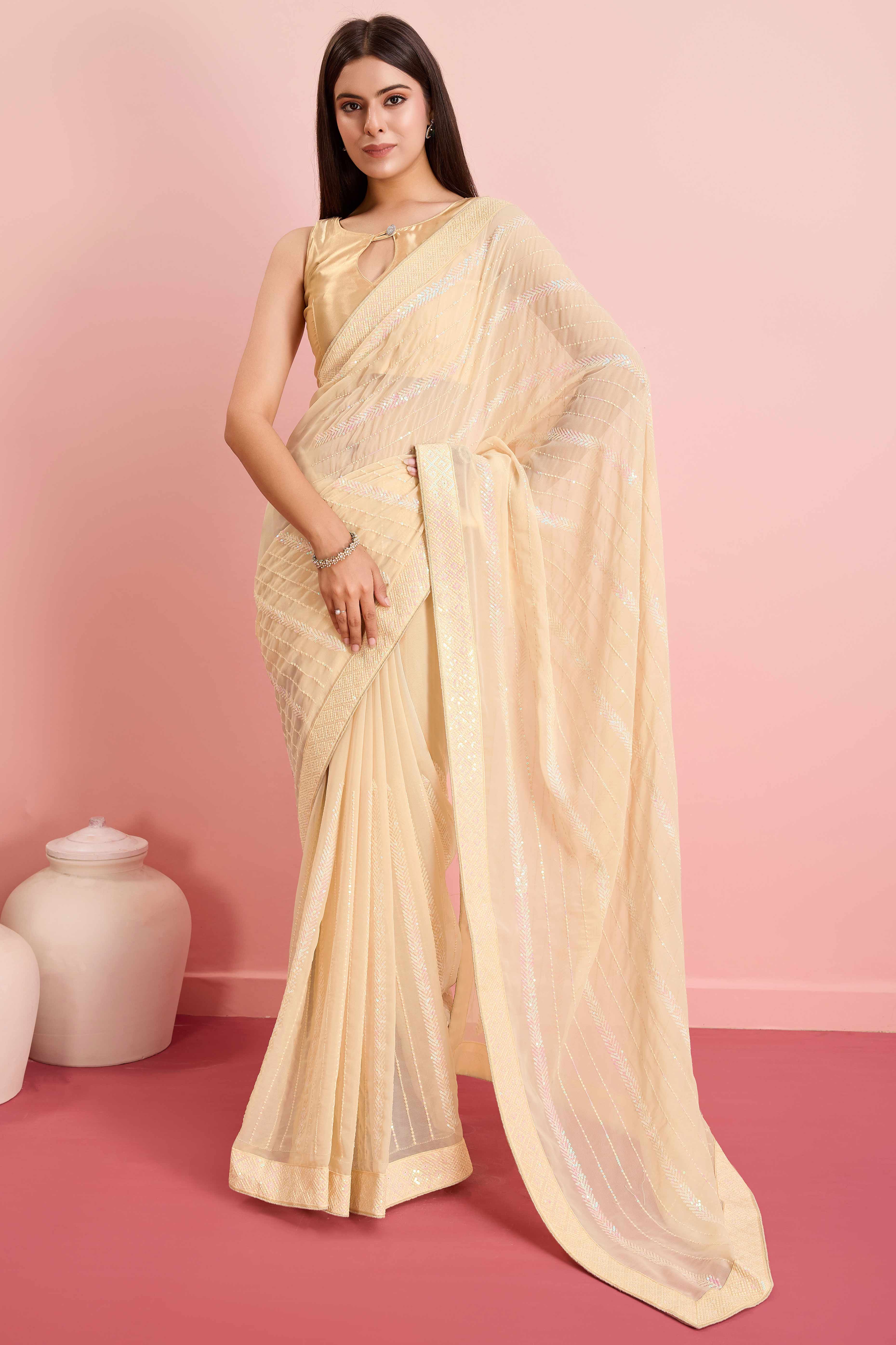 Peachmode Cream Sequins Embroidered Georgette Saree - view 3