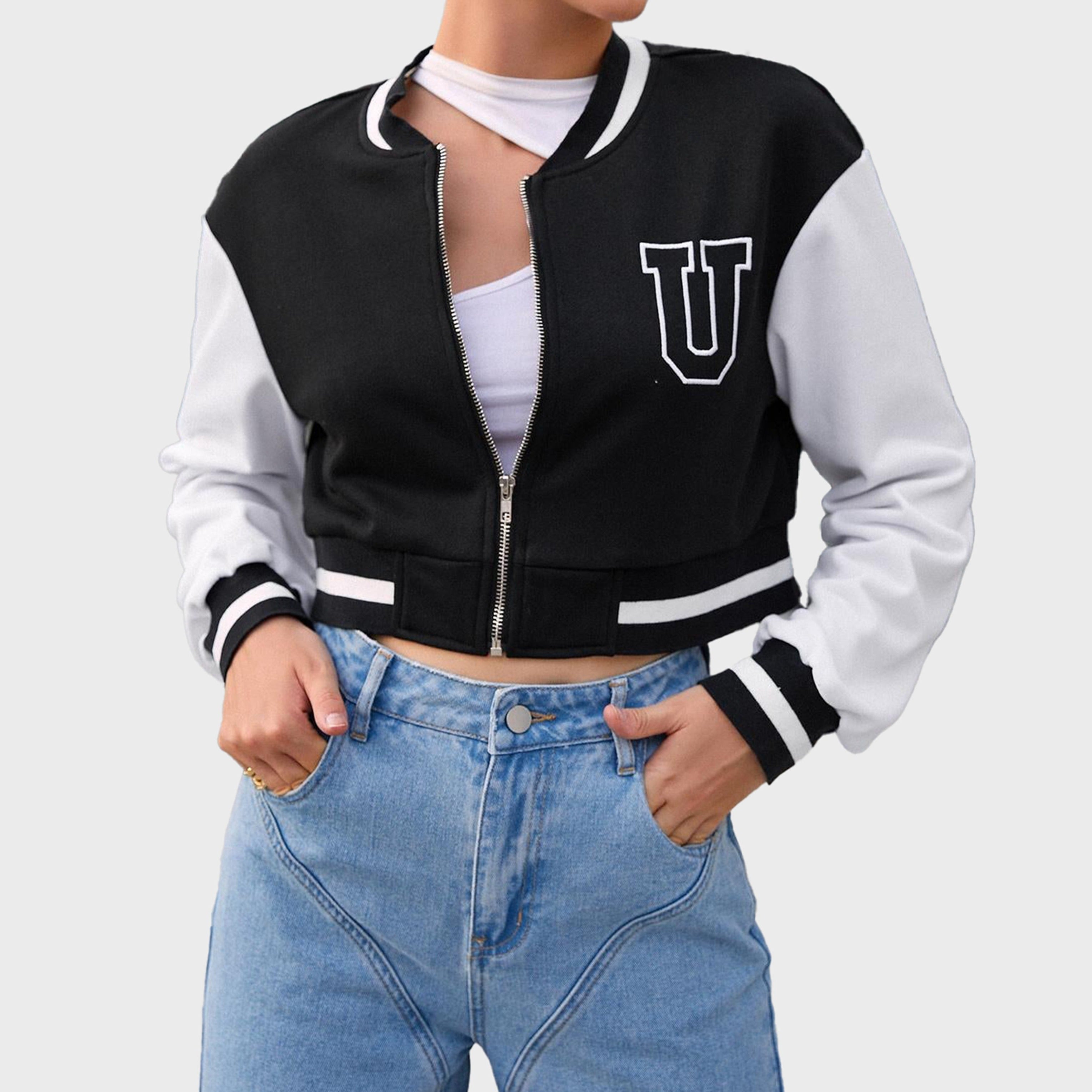IZF Black Crop-Varsity -Bomber-Jacket