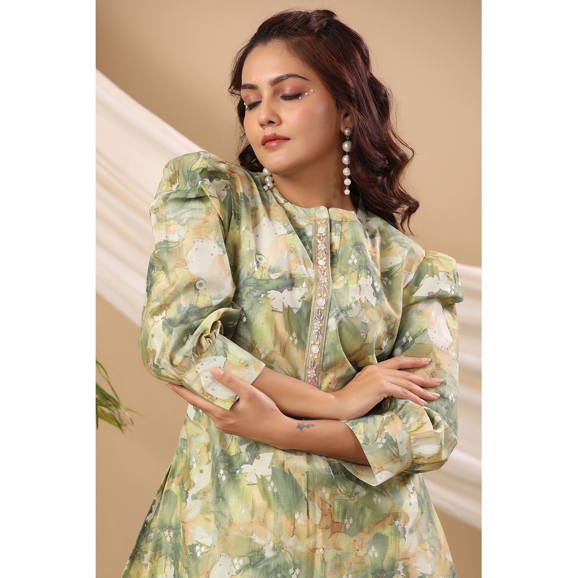 BlackTree green-floral-printed-cotton-silk-co-ord-set - view 7