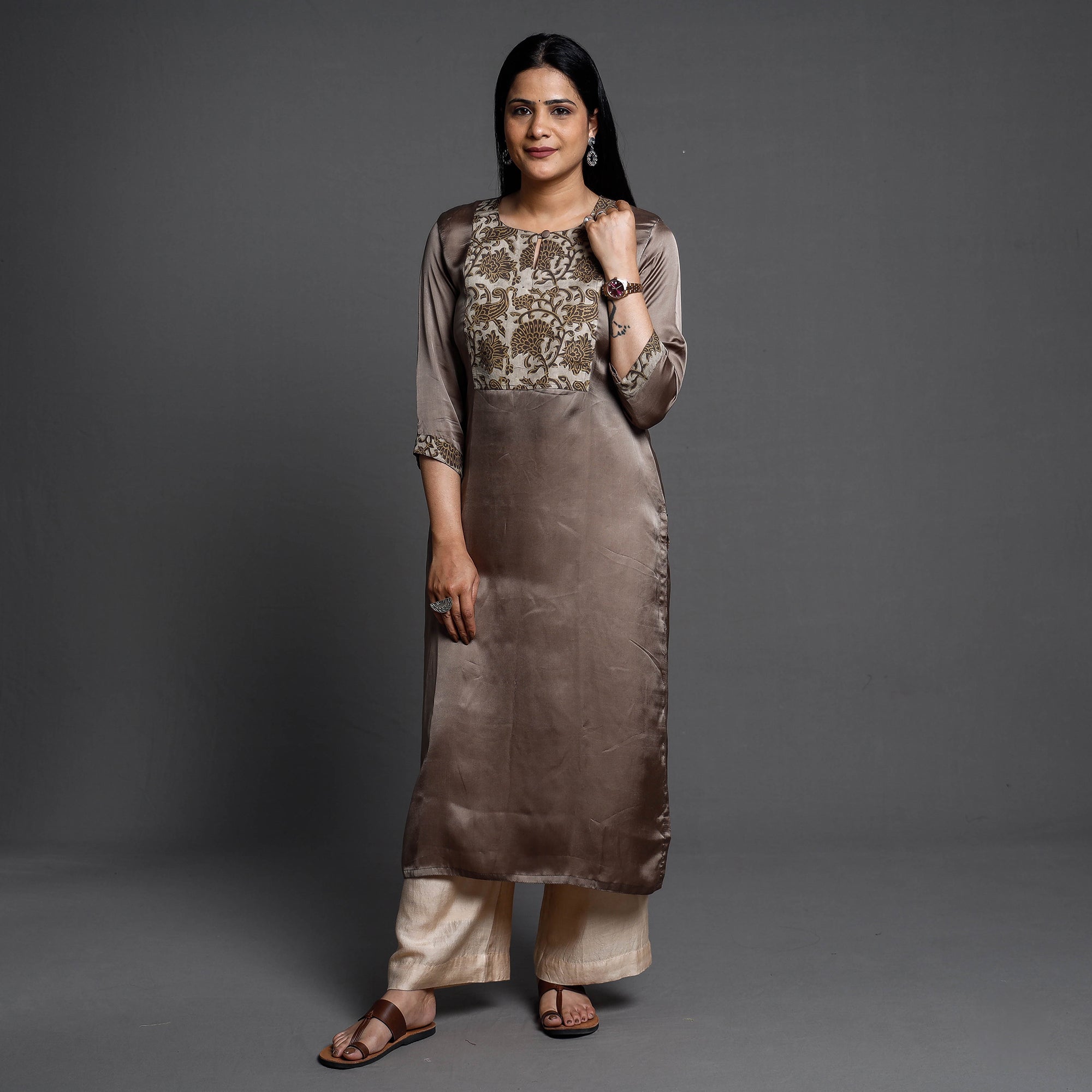 ITOKRI CASUALS Brown - Modal Silk Plain Long Straight Kurta - view 3
