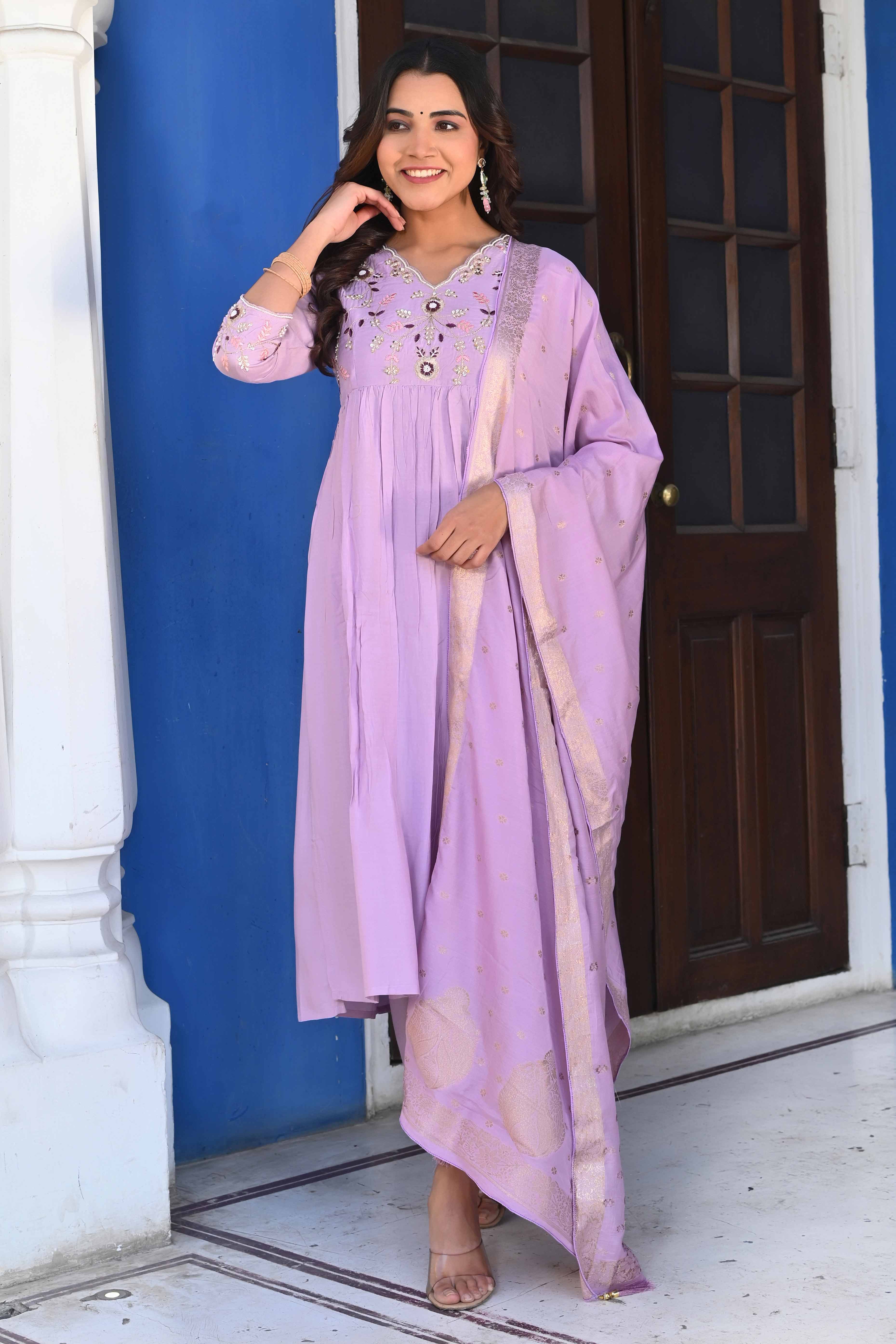 Peachmode Lavender Floral Embroidered Muslin Anarkali Salwar Suit - view 3
