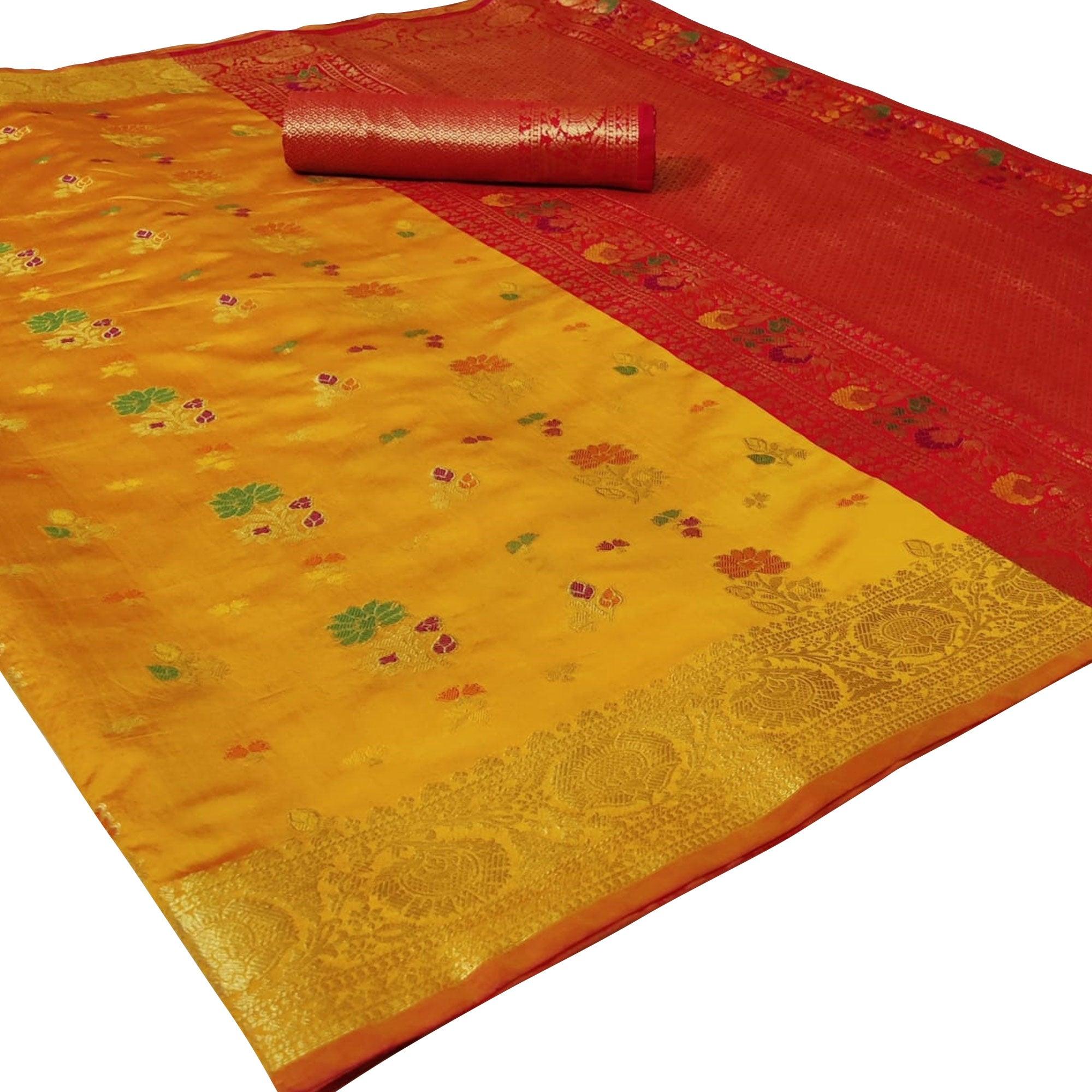Peachmode Capricious Yellow Colored Festive Wear Woven Silk Saree