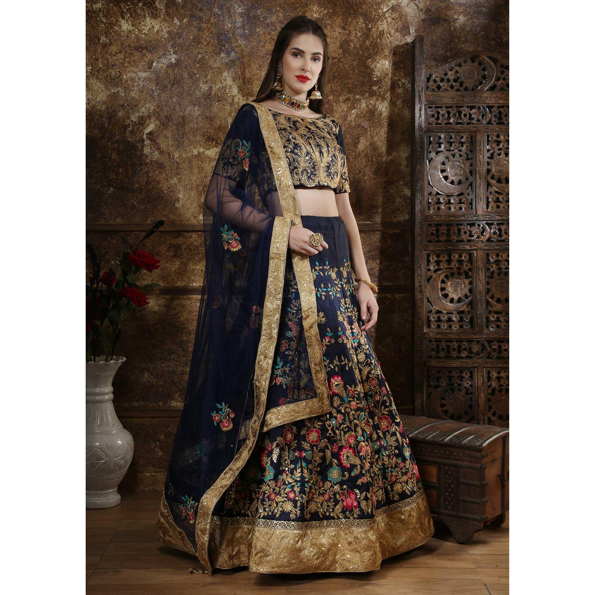 BlackTree graceful-navy-blue-colored-party-wear-embroidered-thai-silk-lehenga-choli-71067 - view 3