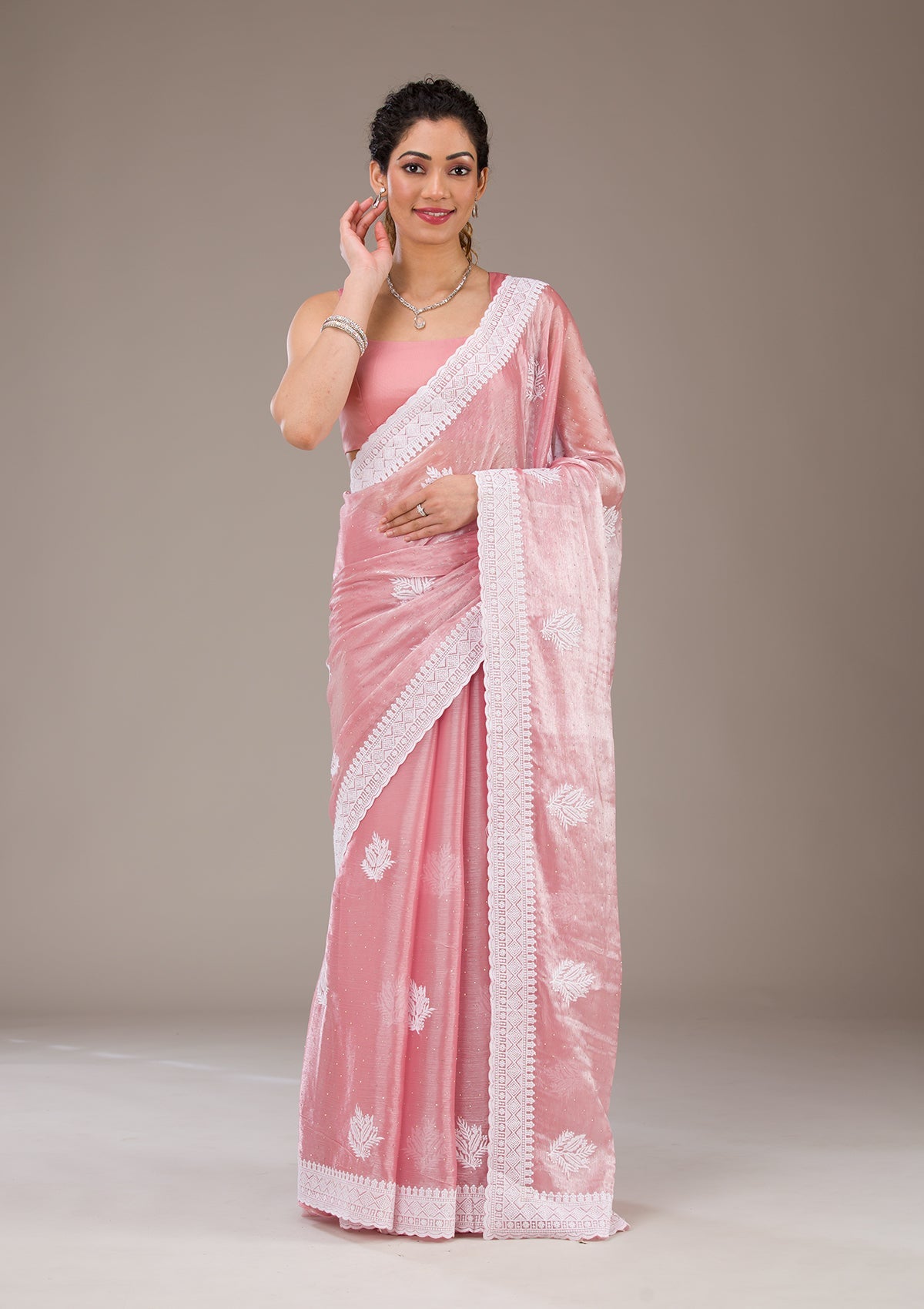 Koskii Onion Pink Threadwork Tissue Saree – Women's