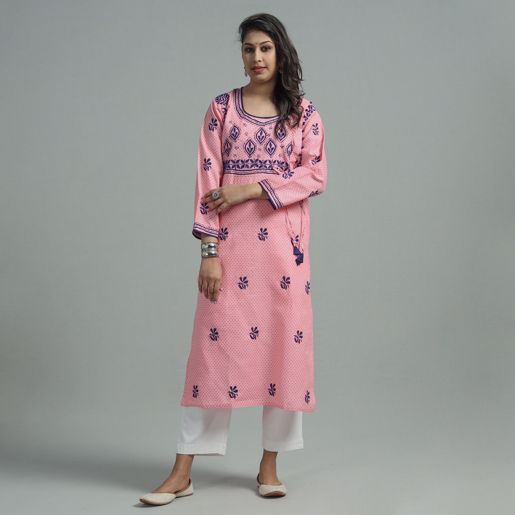 MEHARKI CHIKAN Baby Pink Chikankari Hand Embroidered Cotton Long Kurta - view 3