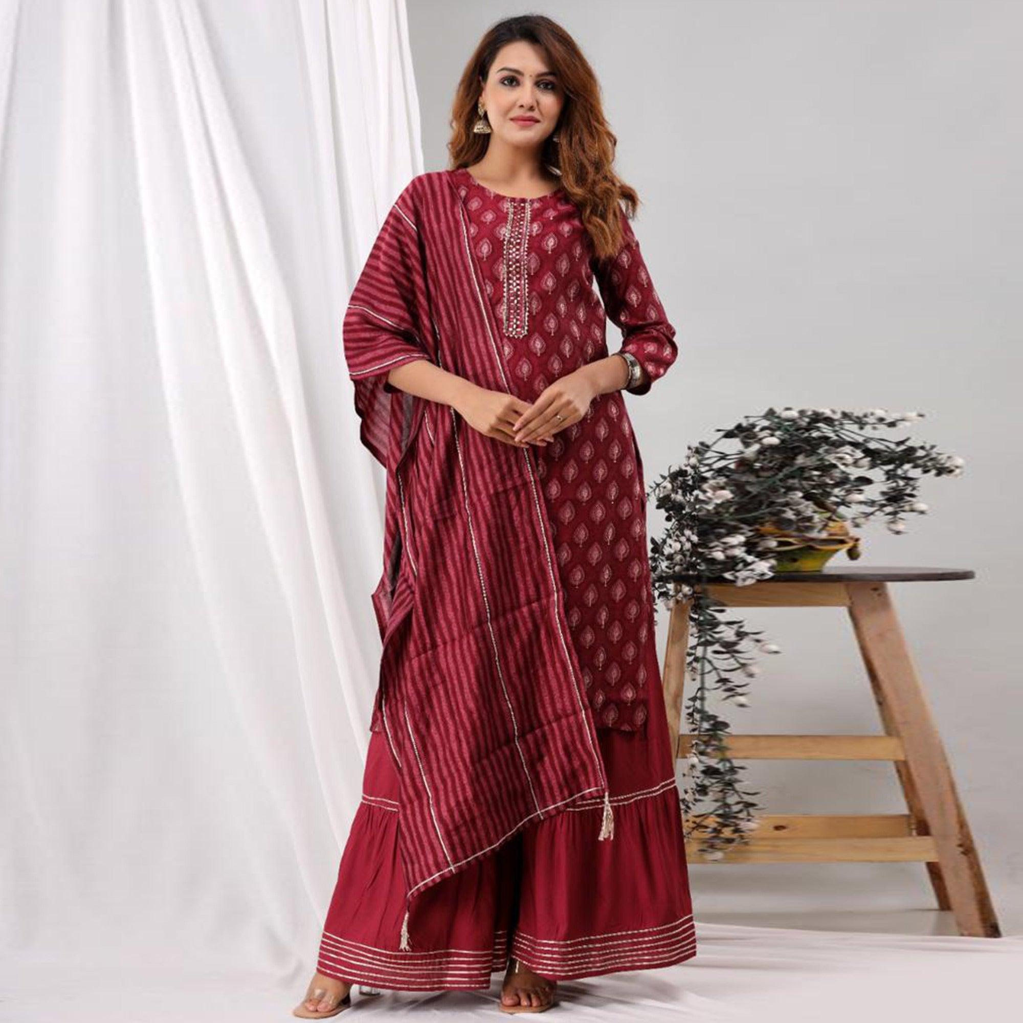 Peachmode Maroon Partywear Sequins Embroidered Cotton Kurti Palazzo Suit - view 5