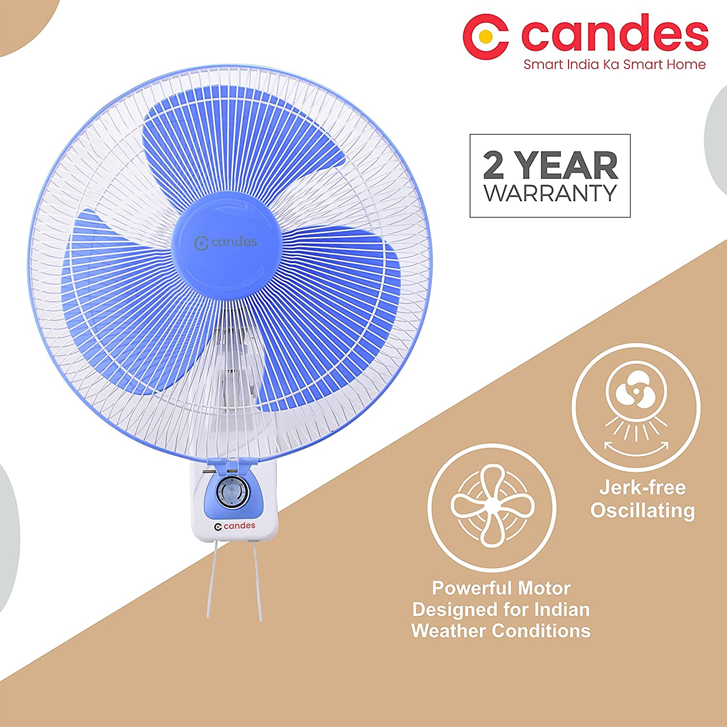 Candes Aura 3 Blade Automatic Oscillation Wall Fan With 2 Year Warranty (White Blue, 300mm) - view 2