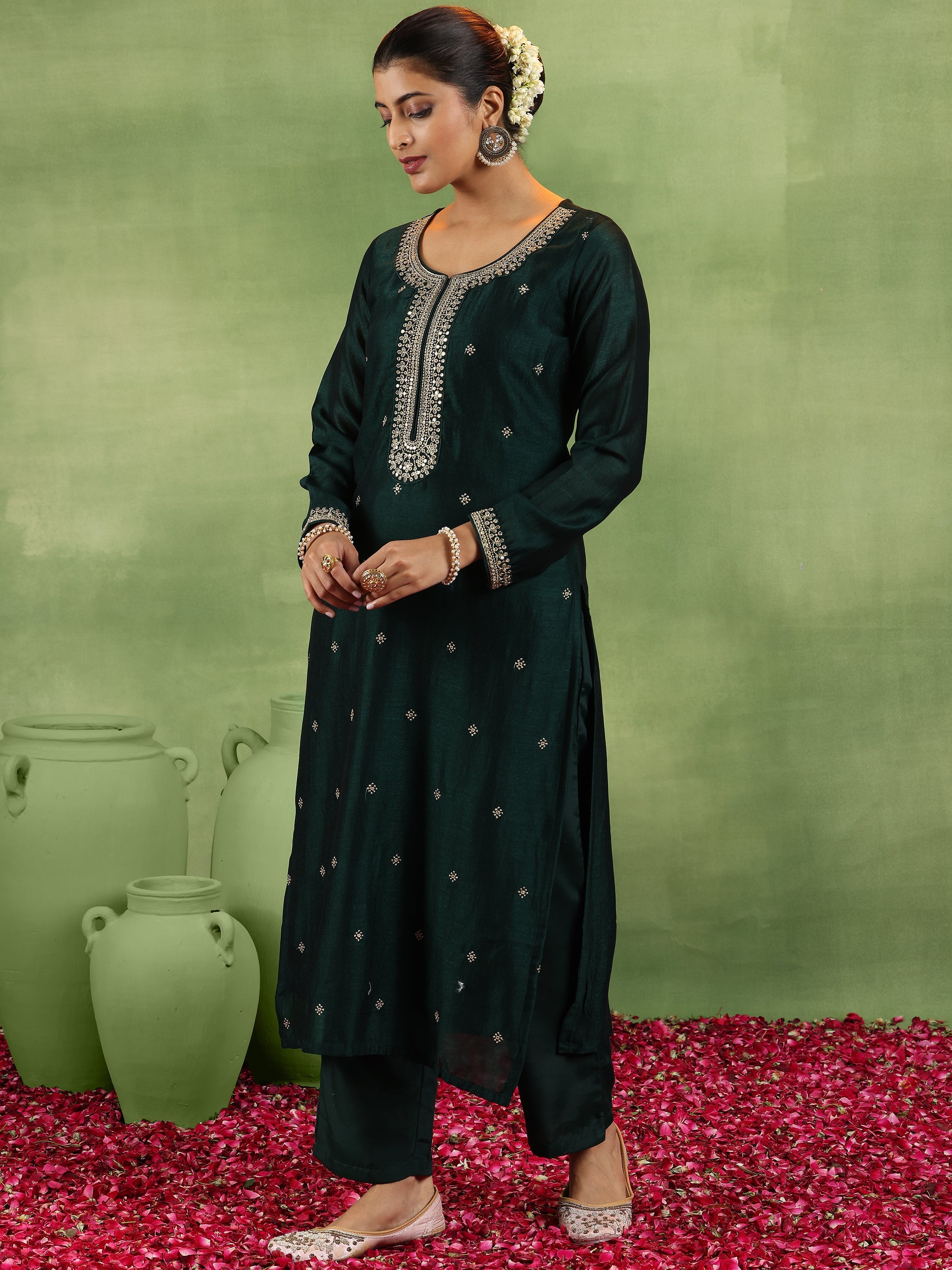 Libas Green Embroidered Silk Blend Straight Suit With Dupatta - view 2