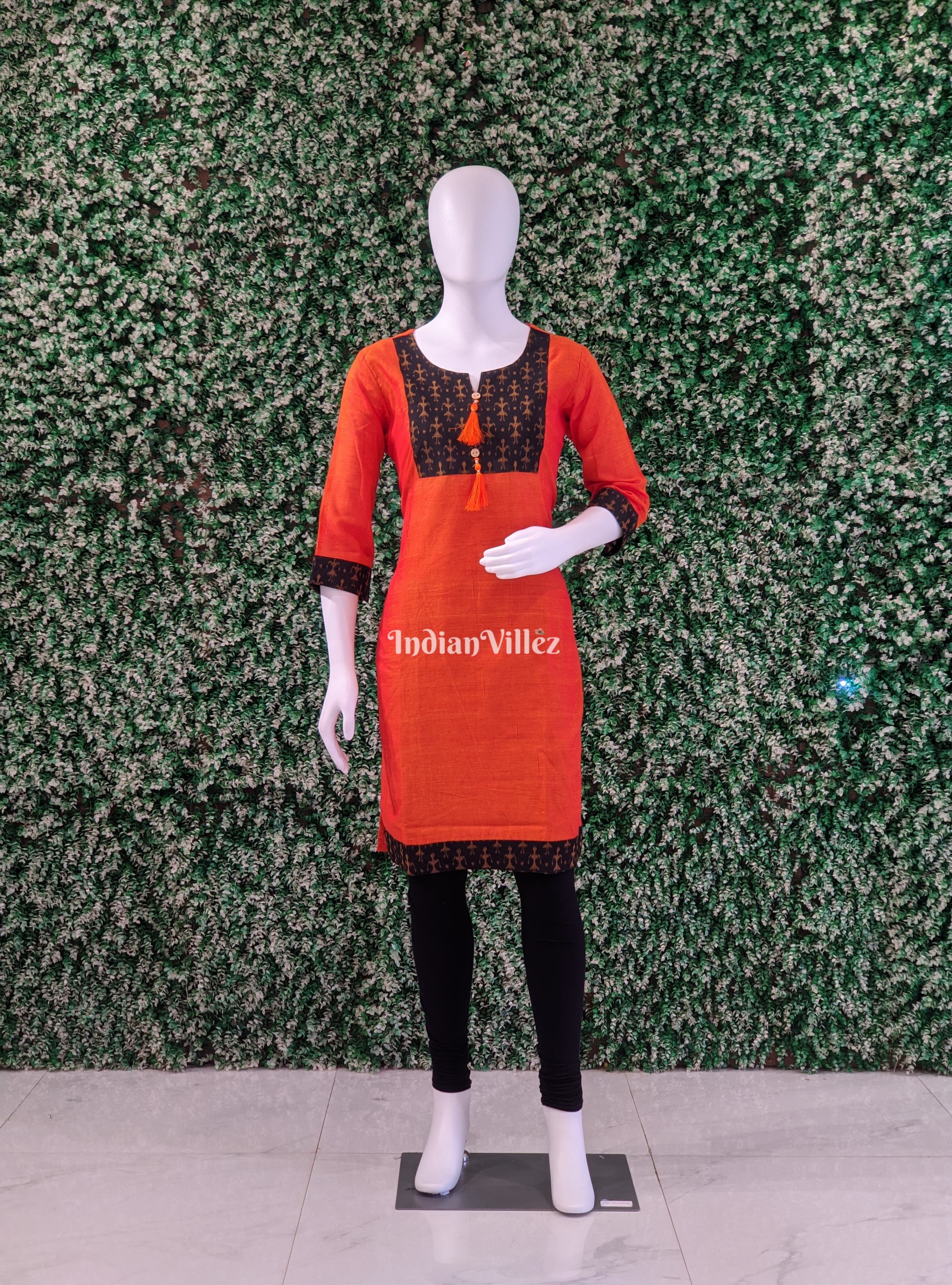IndianVillèz Orange Odisha Ikat Designer Cotton Kurti