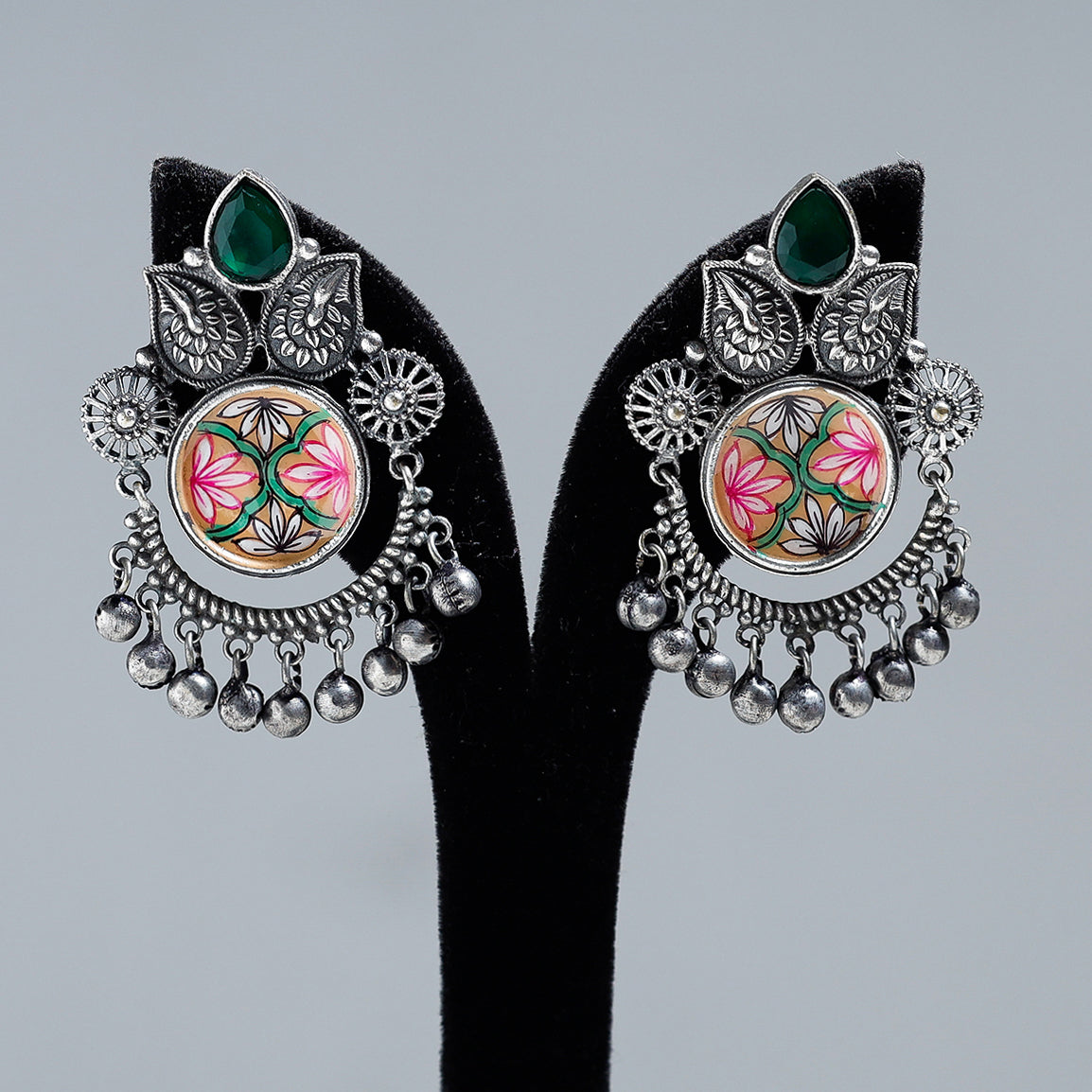 WHITE RIVER STORIES Antique Silver Finish Oxidised Brass Base Enamel & Stone Work Earrings - view 2