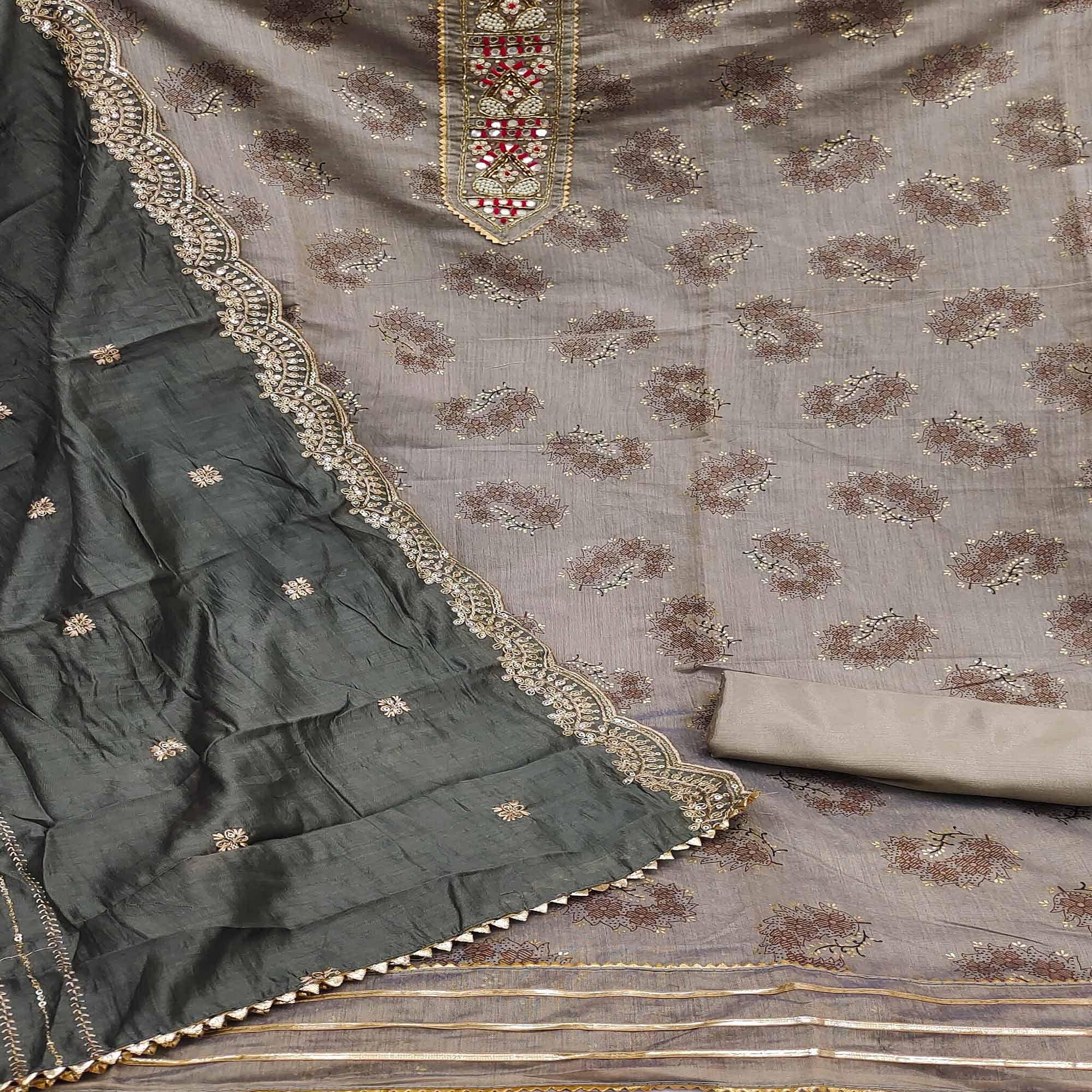 BlackTree grey-floral-printed-chanderi-dress-material-142943 - view 3