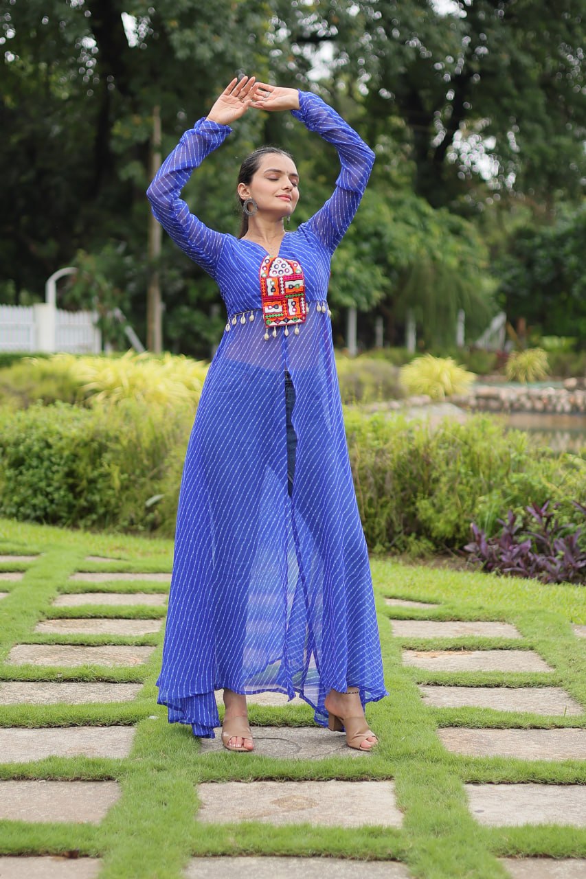 ClothsVilla Blue Faux Georgette Leheriya Print Kurti with Kutchi Patchwork - view 2