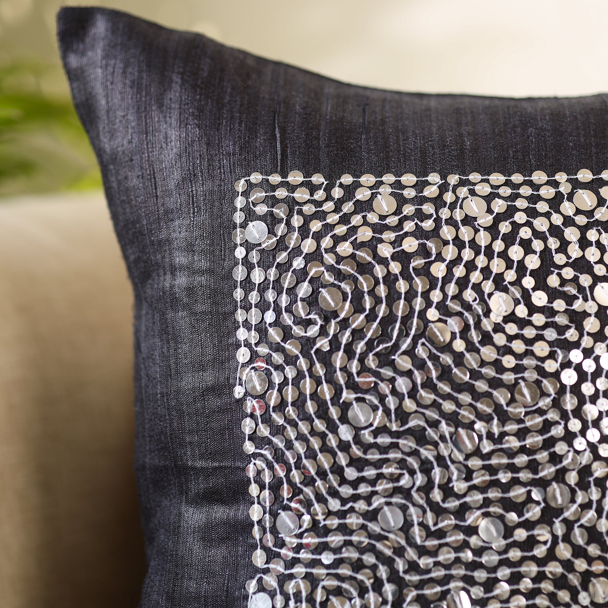 CHHATTISGARH HASTSHILP VIKAS BOARD Black - Aari Embroidery Sequin Work Ghicha Silk Cushion Cover (16 x 16 in) - view 3