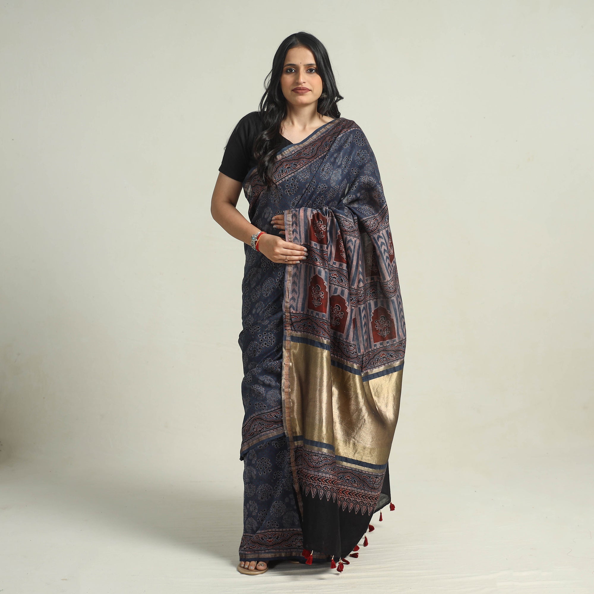 AJRAKH BY JABBAR KHATRI Blue - Chanderi Silk Block Printed Ajrakh Saree 08