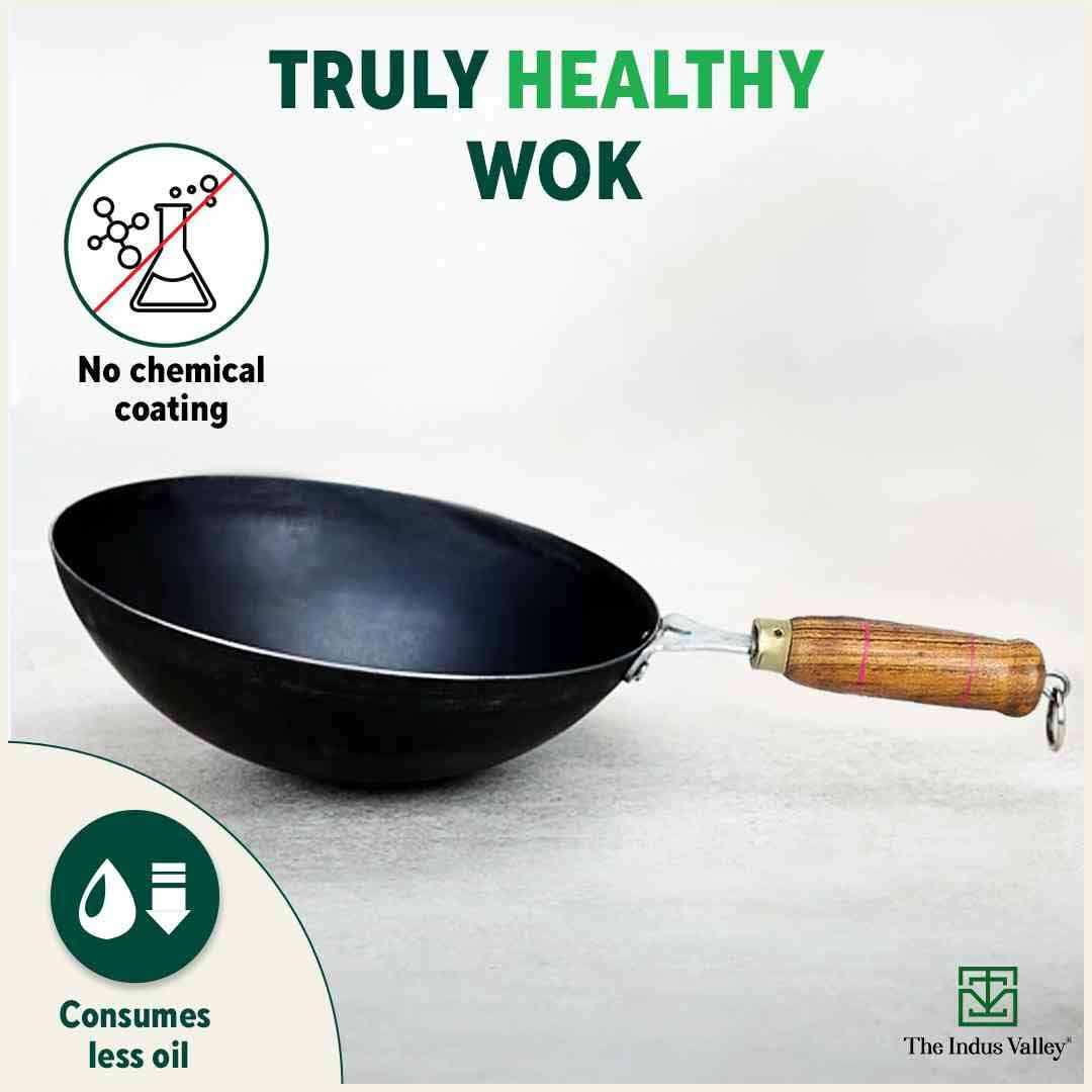 The Indus Valley 100% Pure Iron Wok with Wooden Handle, Toxin-free Sheet Iron, Pre-seasoned, 2.2/4.2L, 1/1.5kg - view 4