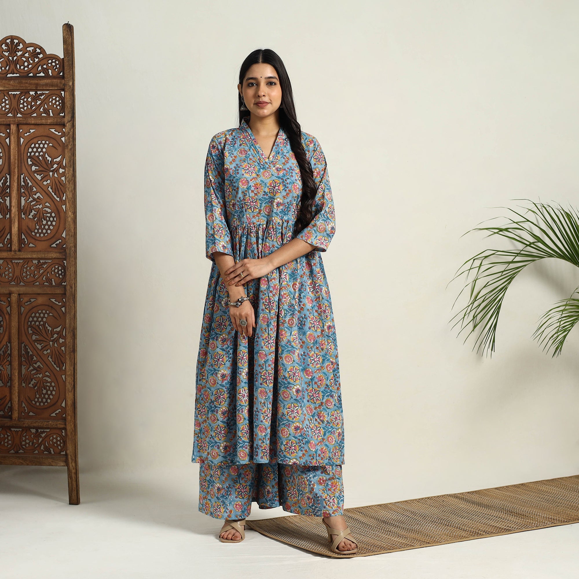 ITOKRI CASUALS Blue - Block Print Cotton Flared Sanganeri Kurta Set 02 - view 2